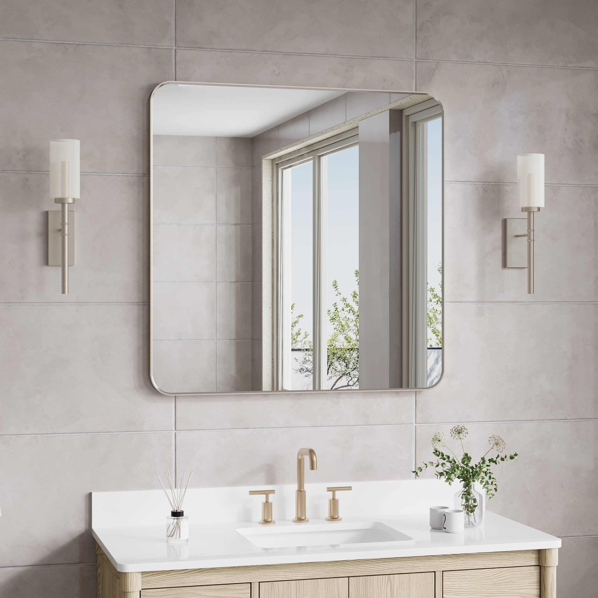 WELLFOR MD2432MR-WT Bella 36-in x 36-in Framed Square Bathroom Vanity Mirror ( Brushed Nickel )