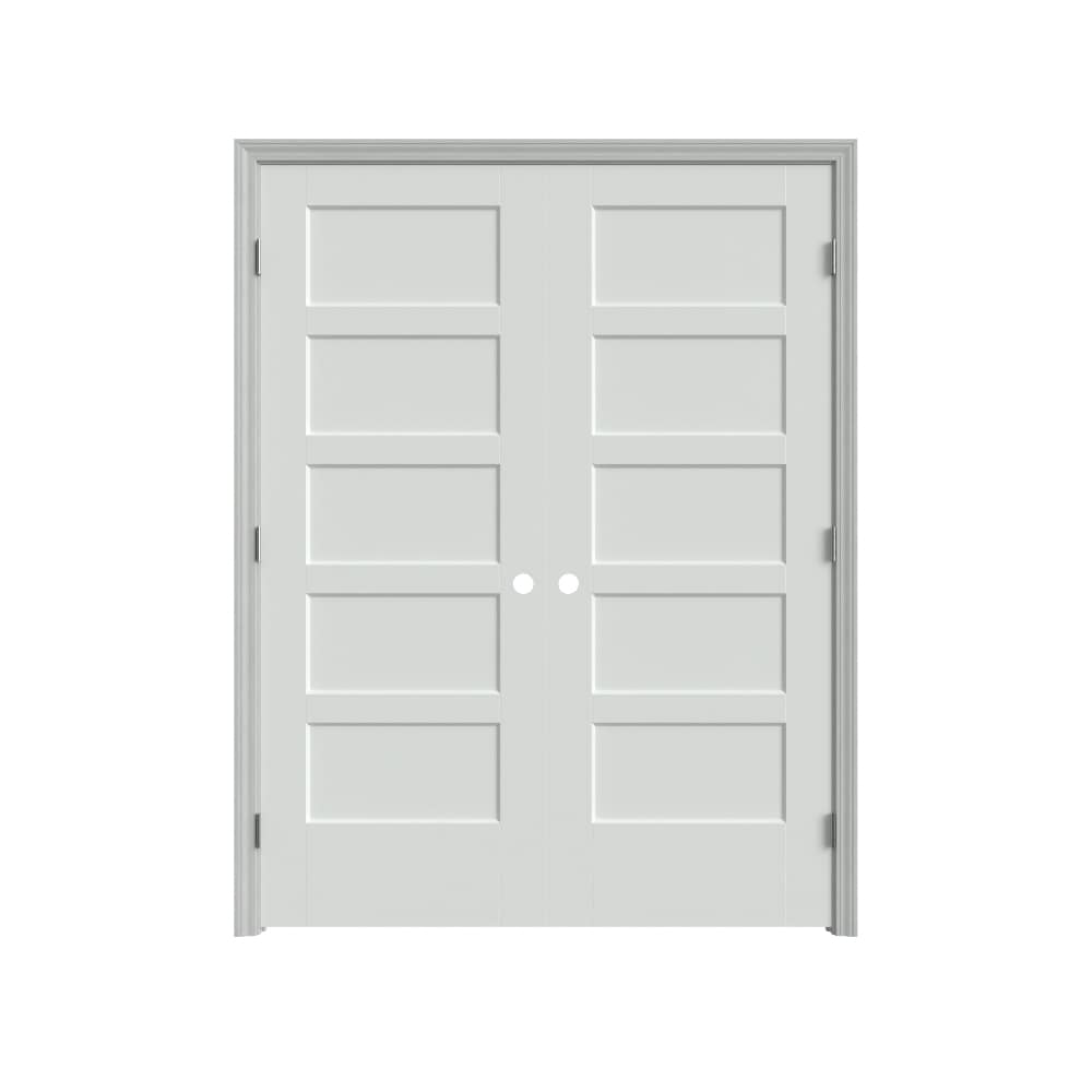 Masonite 640819 60-in x 80-in Primed Solid core 5-panel square Bi-parting Smooth Primed Molded composite Flat Jamb Double Prehung Interior Door