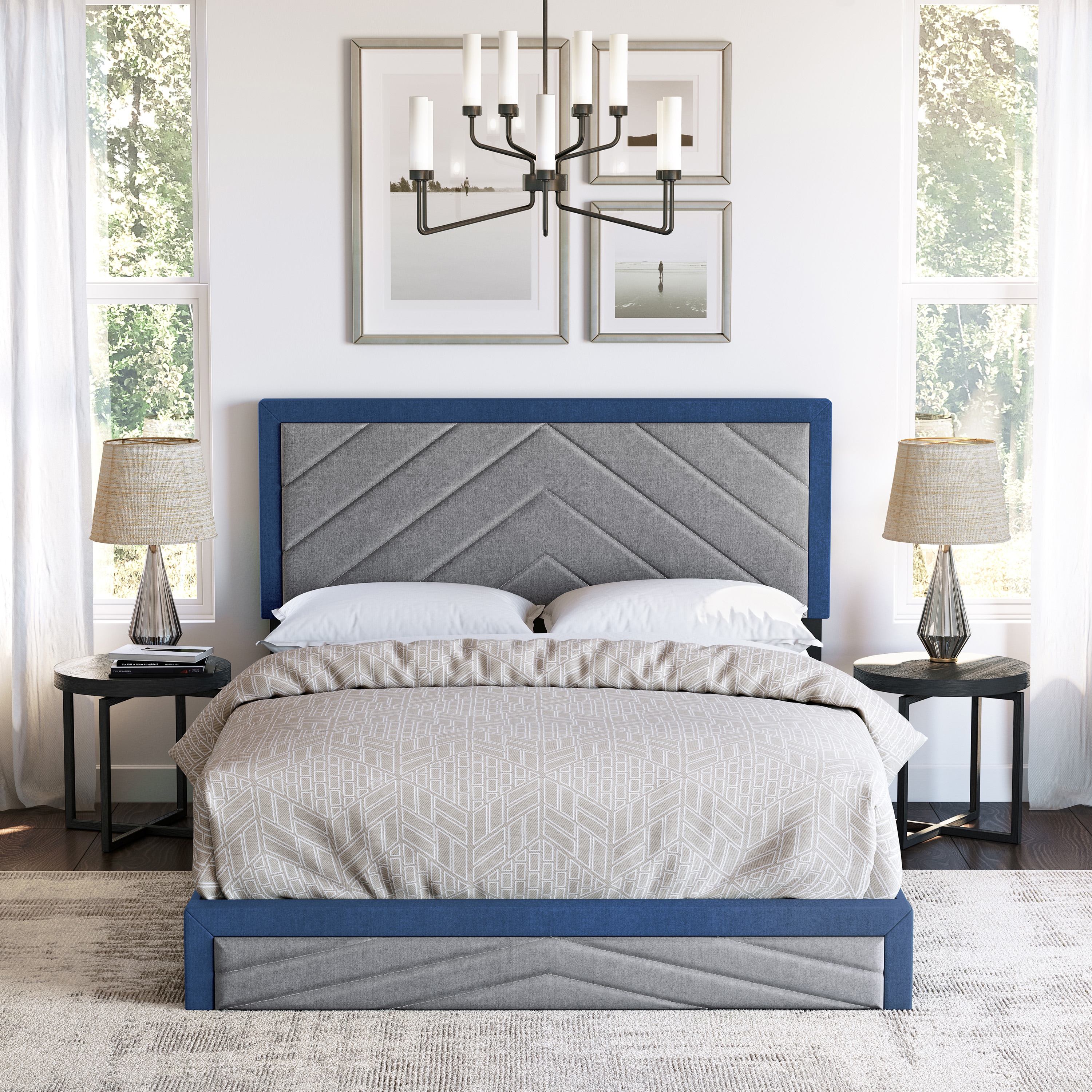 Boyd Sleep HC203705401 Barcelona Linen Upholstered Platform Bed Frame with Chevron Patterned Headboard- Sturdy 14 Slat Wood Support System- No Box Spring Required