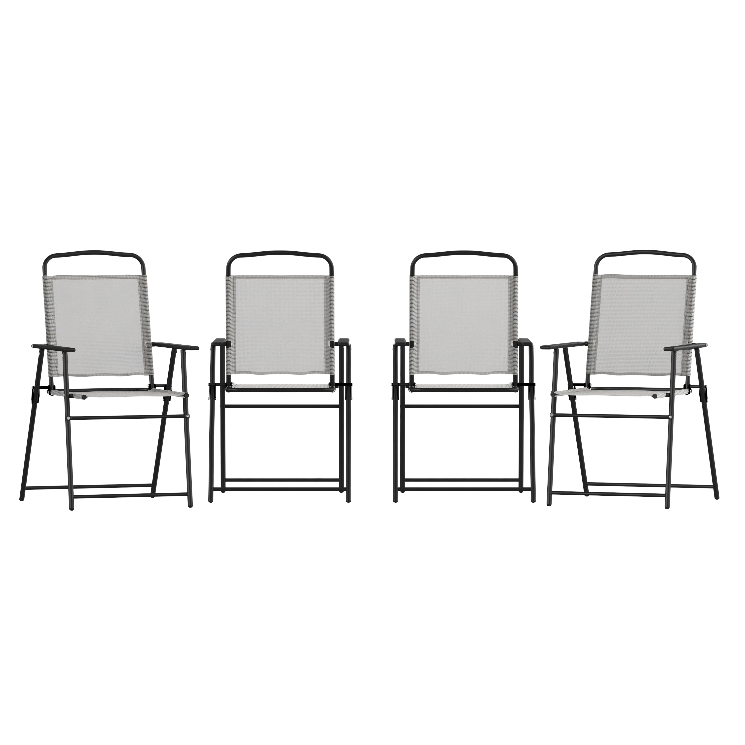 Flash Furniture 196861105388 Set of 4 Mystic Folding Patio Sling Chairs; Outdoor Textilene Lawn Chairs with Armrests in Gray