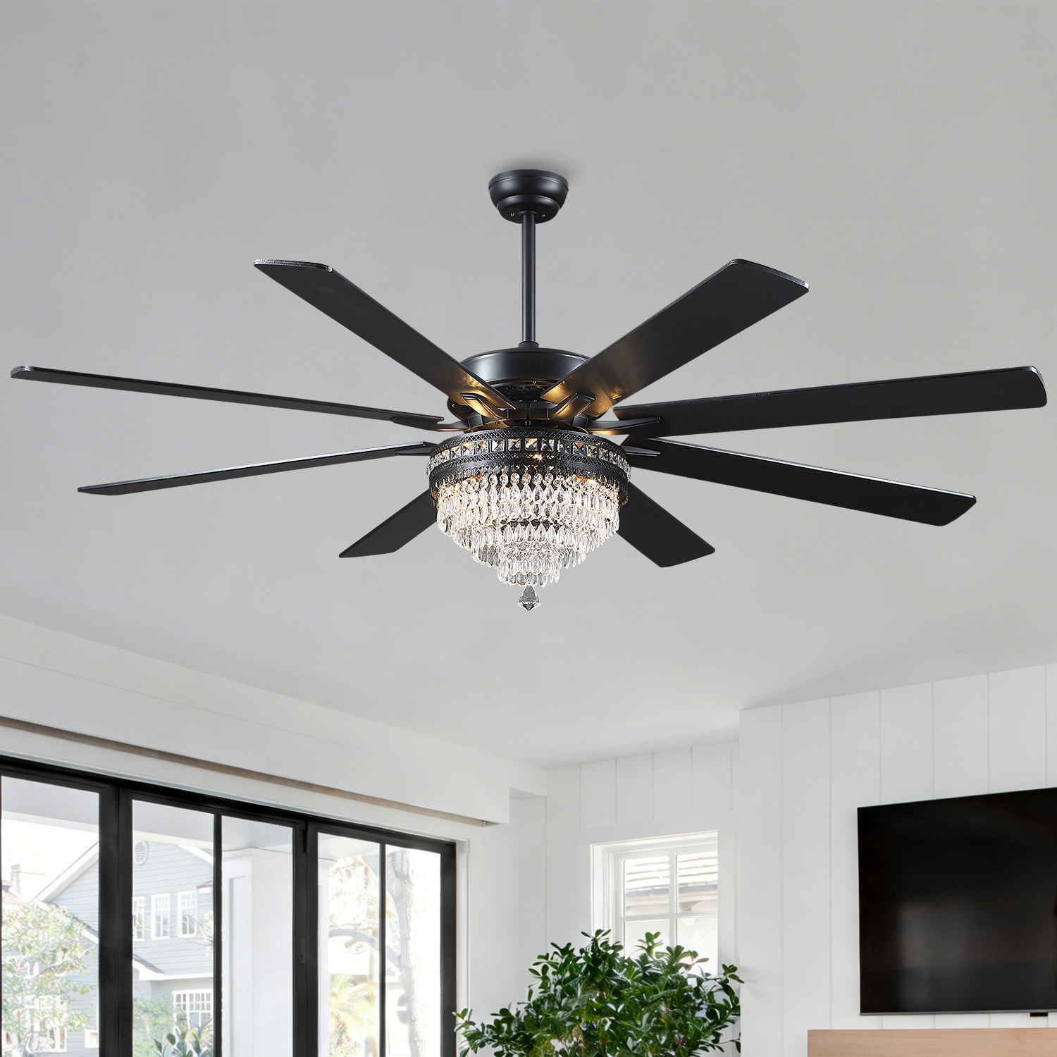 Kviflon 72 in Black Extra Large Crystal Ceiling Fan with Light