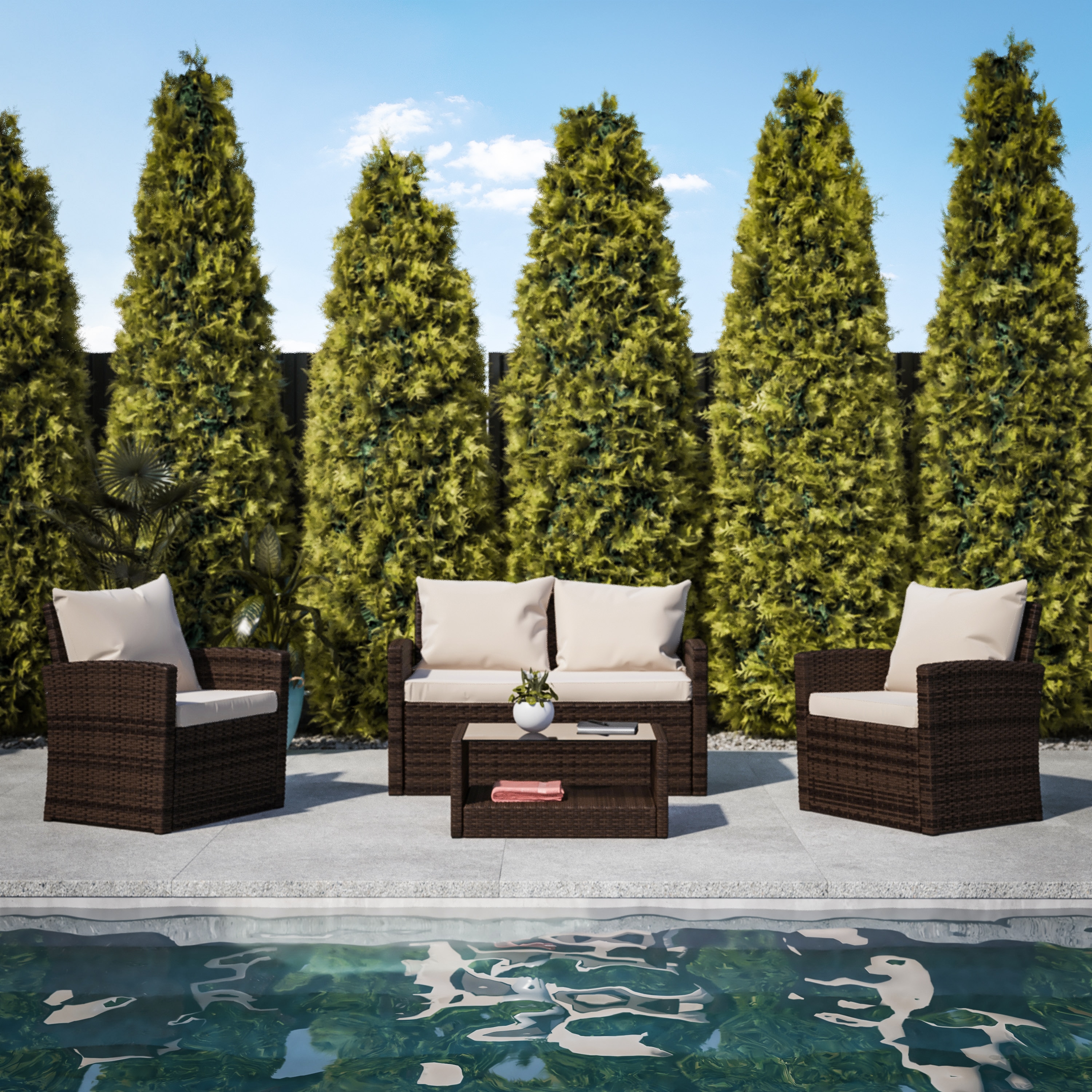 Brown and Beige 4-Piece Rattan Patio Set with Cushions