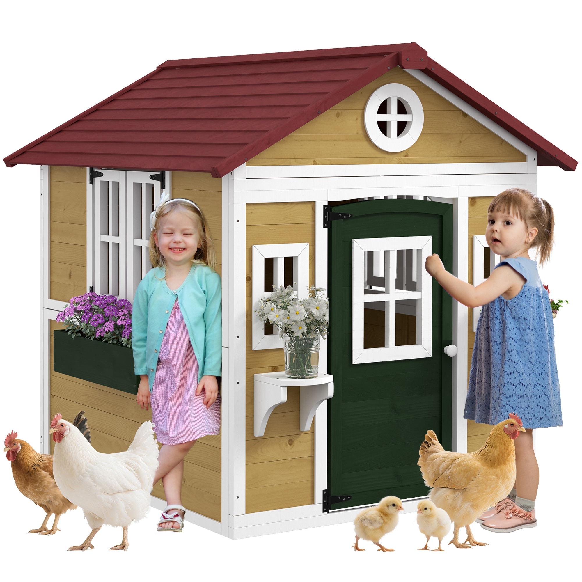 Outsunny 345-027V00BG  Playhouse for Kids Outdoor Wooden Playhouse with Doors Windows Planter Pots and Boxes for Toddlers Backyard Indoor Beige