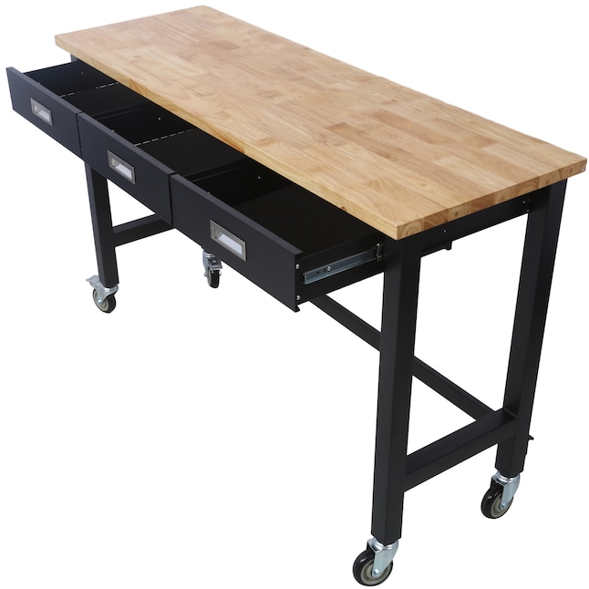 Tatayosi JL560407 60in Work Bench Workbench with Drawer Storage Heavy Duty Bamboo Wood Work Table with Wheels for Garage Home Office