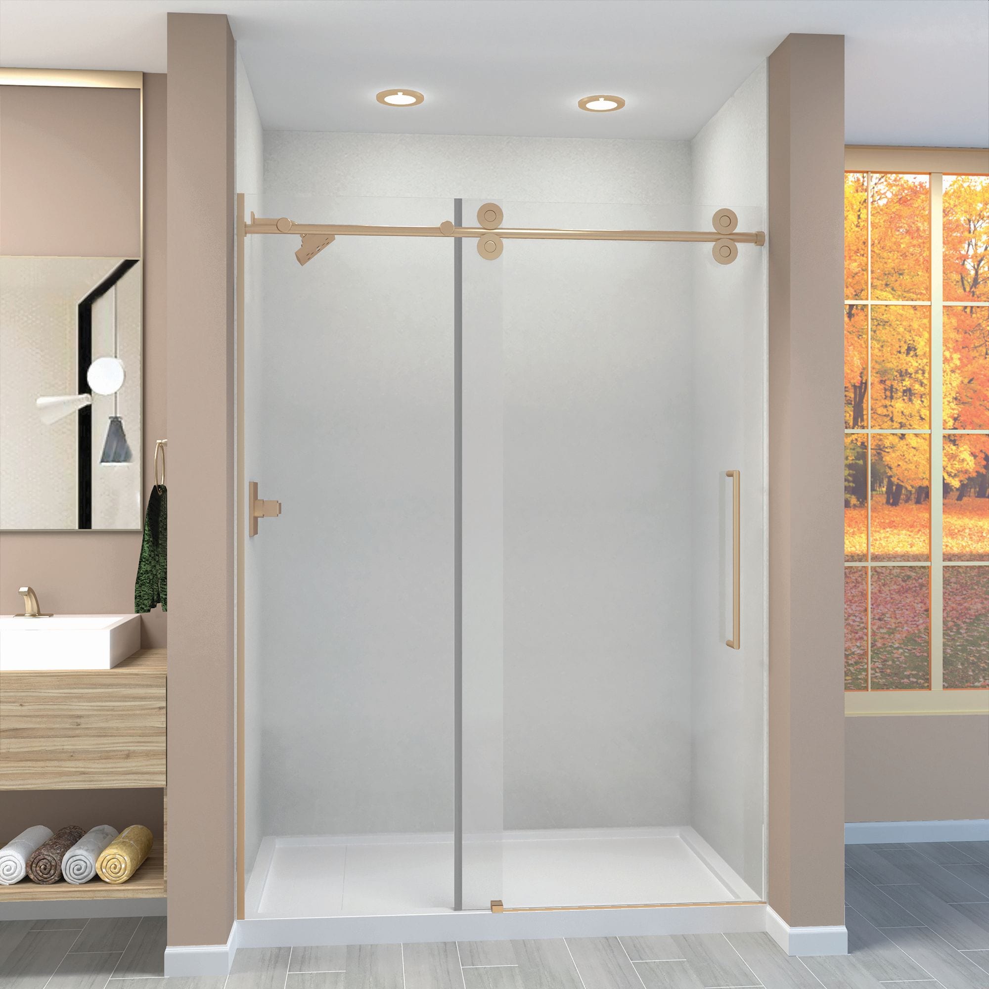 Transolid TBD608010C-T-CB Teegan Champagne Bronze 56-1/2-in to 59-in W x 80-in H Semi-frameless Standard Sliding Shower door 3/8-in Thick Tempered Glass
