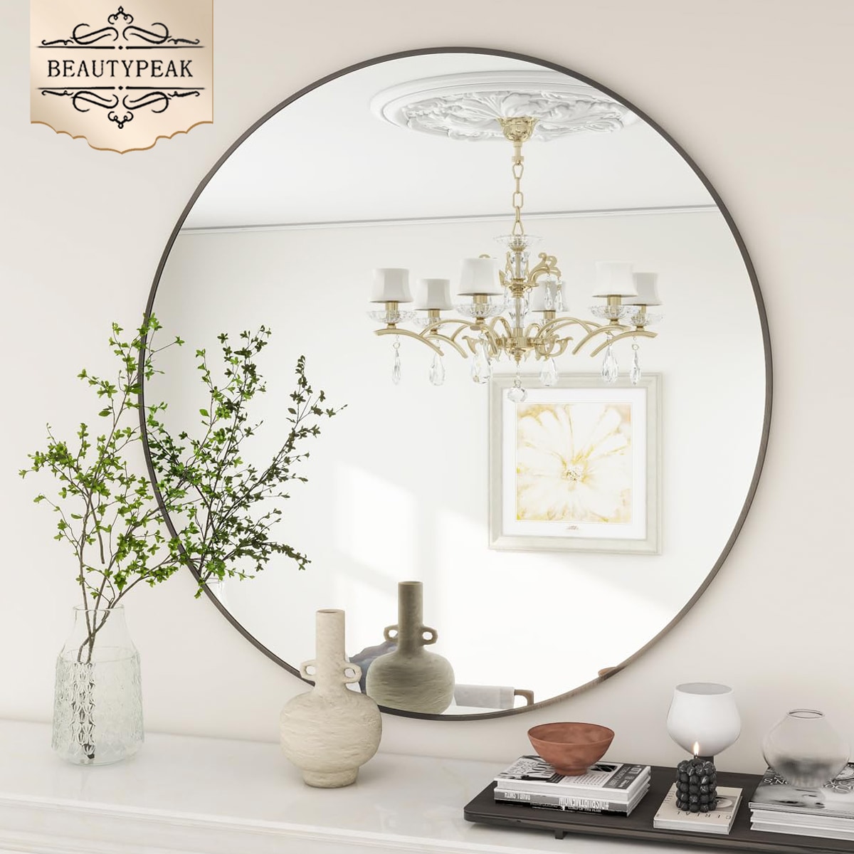 BEAUTYPEAK LS-YJ3535-B 35-Inches W x 35.0-Inches H Round Black Framed Wall Mirror