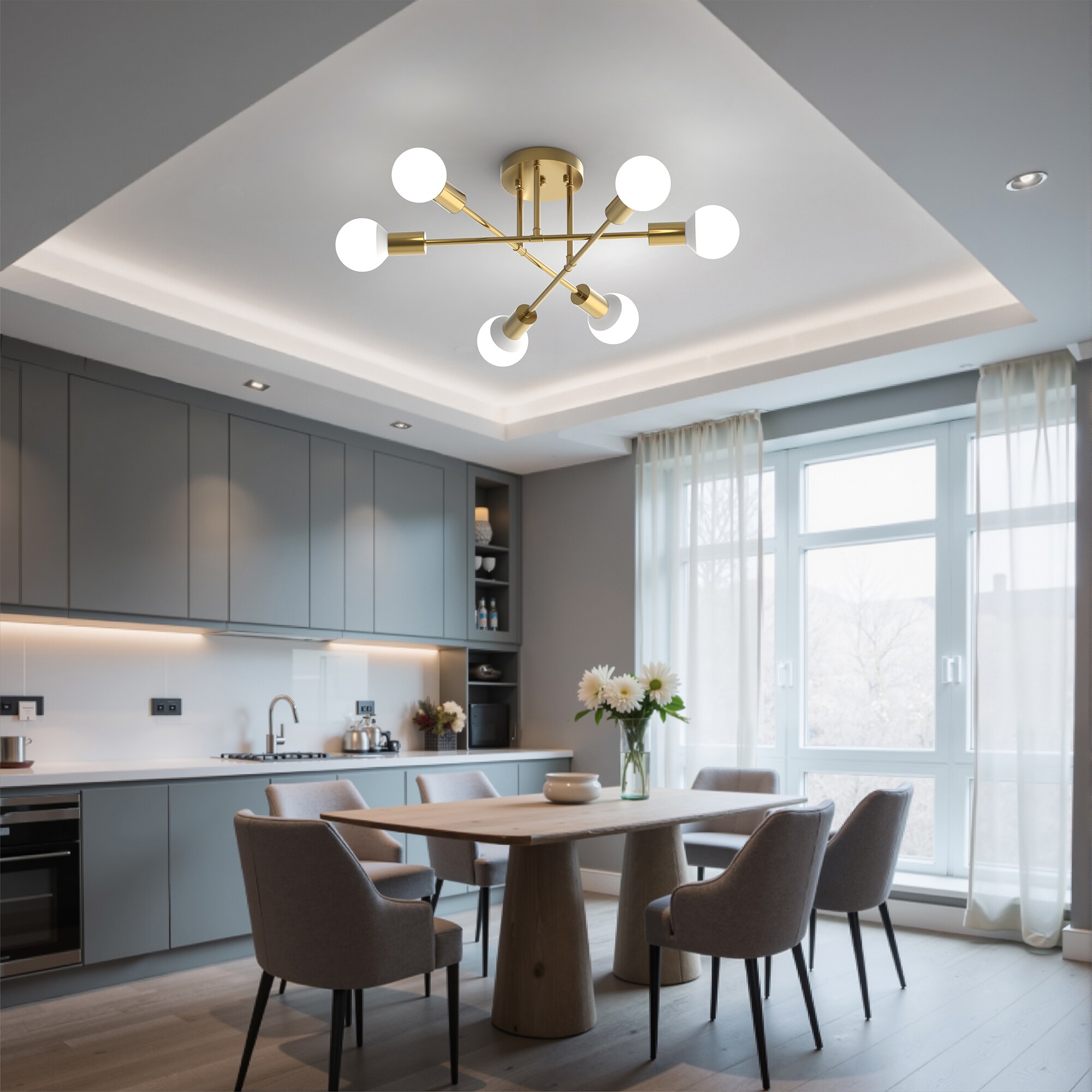 DORESshop 20.7 in 6 Light Gold Sputnik Modern Linear Semi Flush Mount ...