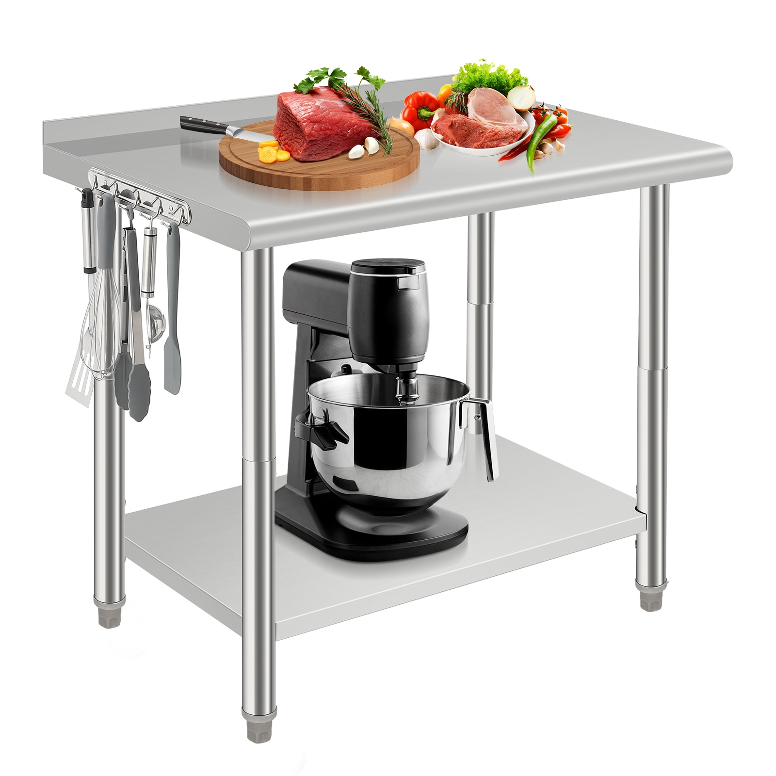 Garvee NSF Stainless Steel Brewing Work Table 36 Inch x 24 Inch with Backsplash and 2 Tier Adjustable Undershelf Double Layer Kitchen Prep Table with Hooks #09GXFCHBNL-HXYY-616