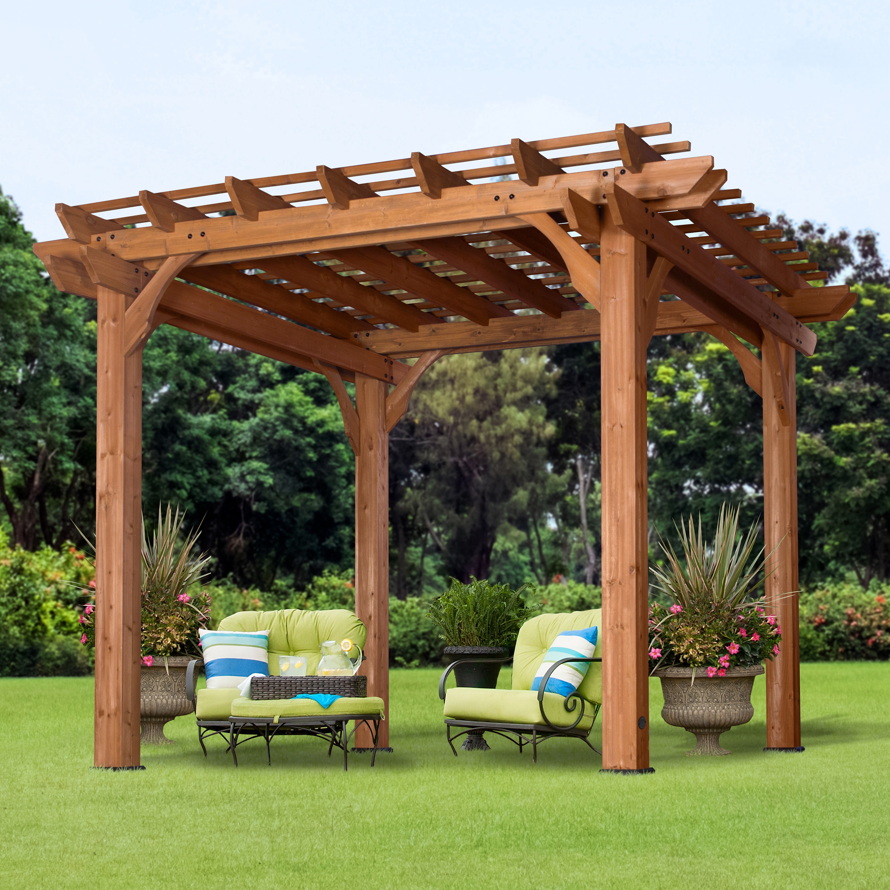 Vita 10 ft. x 10 ft. White Vinyl Deluxe Pergola with Base Moldings and Canvas Weave