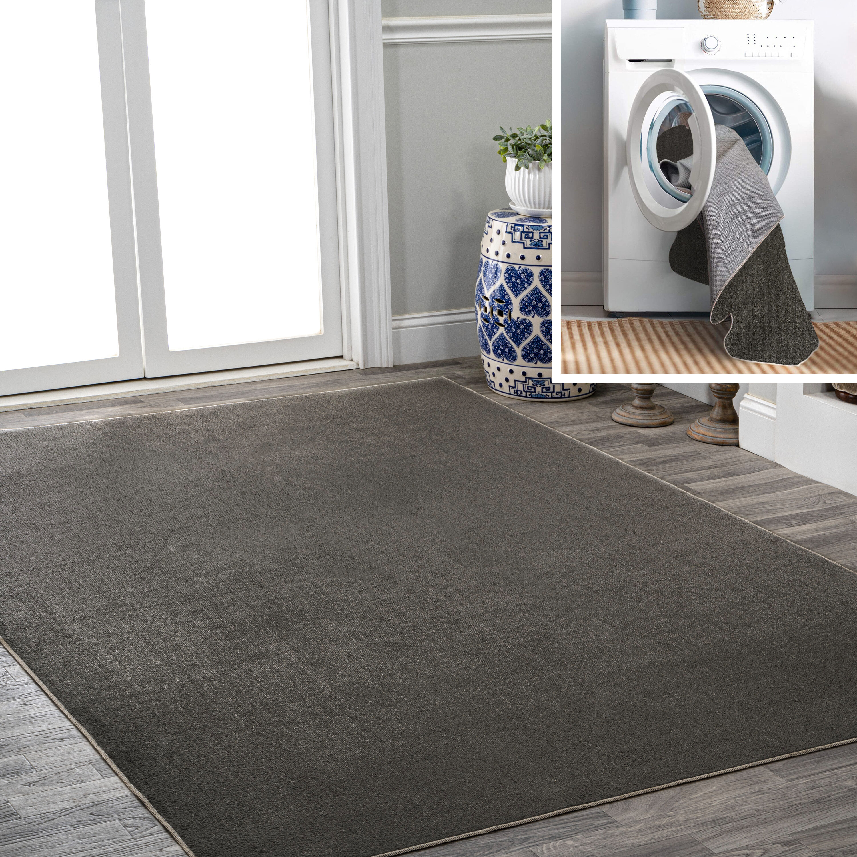 JONATHAN  Y WSH300I-8 WASHABLE Twyla Classic Solid Low-Pile 8 x 10 (ft) Loomed Polyester Dark Gray Rectangular Indoor Solid Coastal Machine washable Area rug