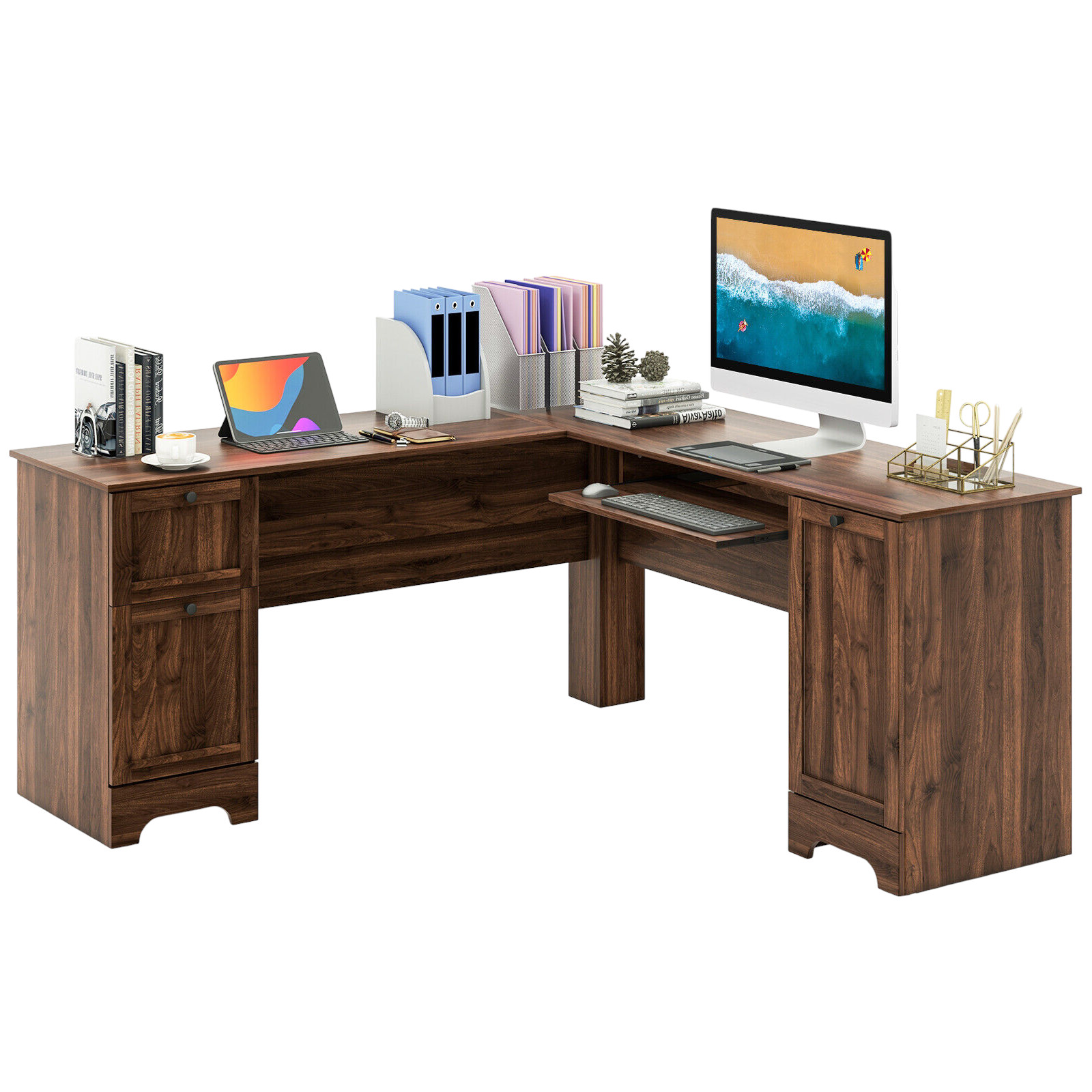 Slickblue Modern Corner Desk - 66.5-Inch Walnut/Dark Brown Engineered Wood L-Shaped Workstation with Keyboard Tray – Office Living Room or Home Study