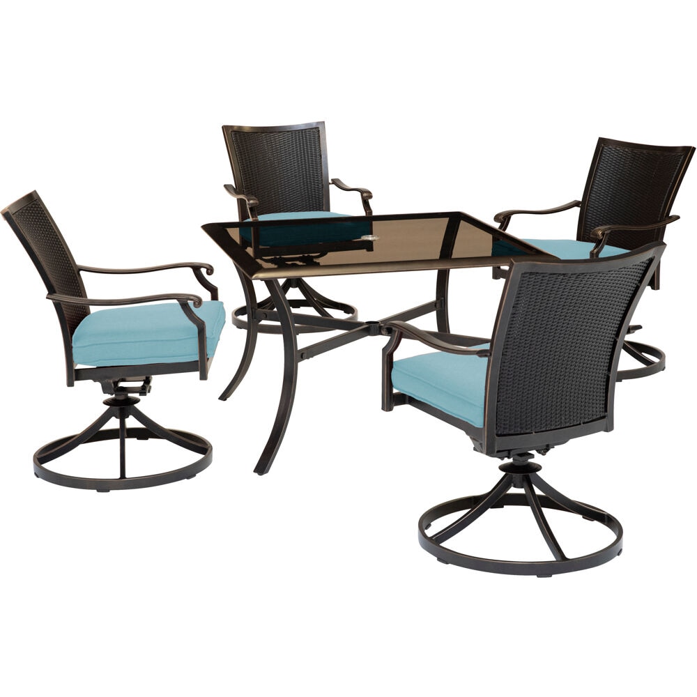 Hanover TRADDNWB5PCSWSQG-BLU Traditions 5 -Piece Oil rubbed bronze Patio Dining Set Aluminum Square Table with 4 Blue Cushions Swivel rocker Chairs