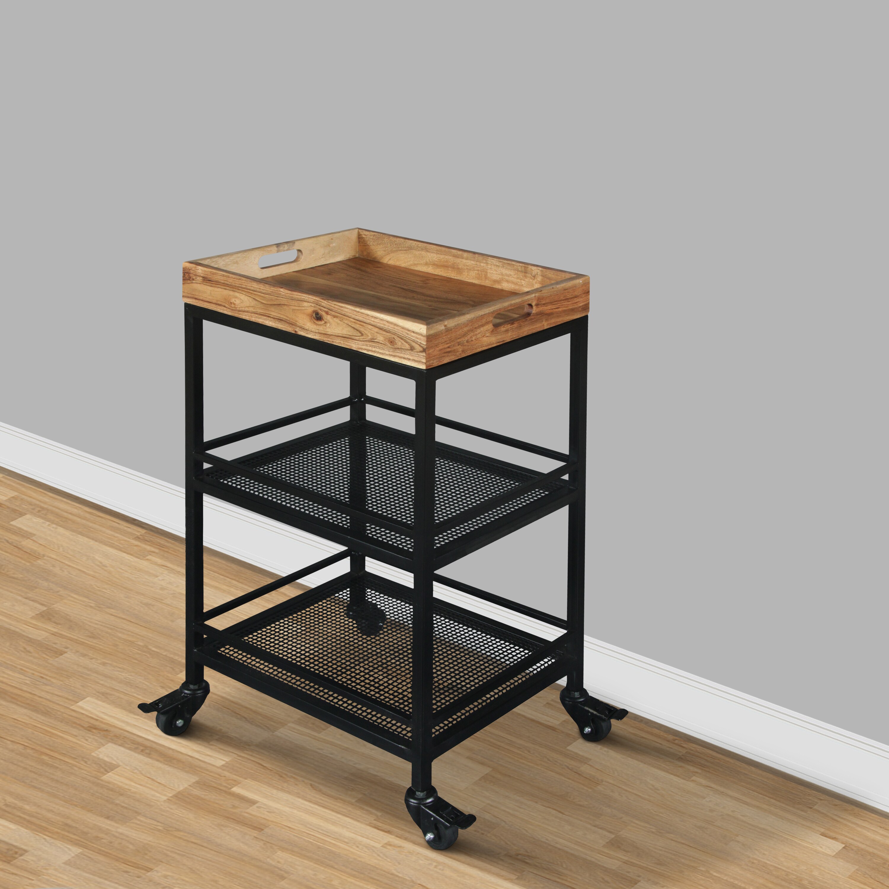 Benzara Brown Metal Base with Wood Top Rolling Kitchen Cart (18-in x 14 ...