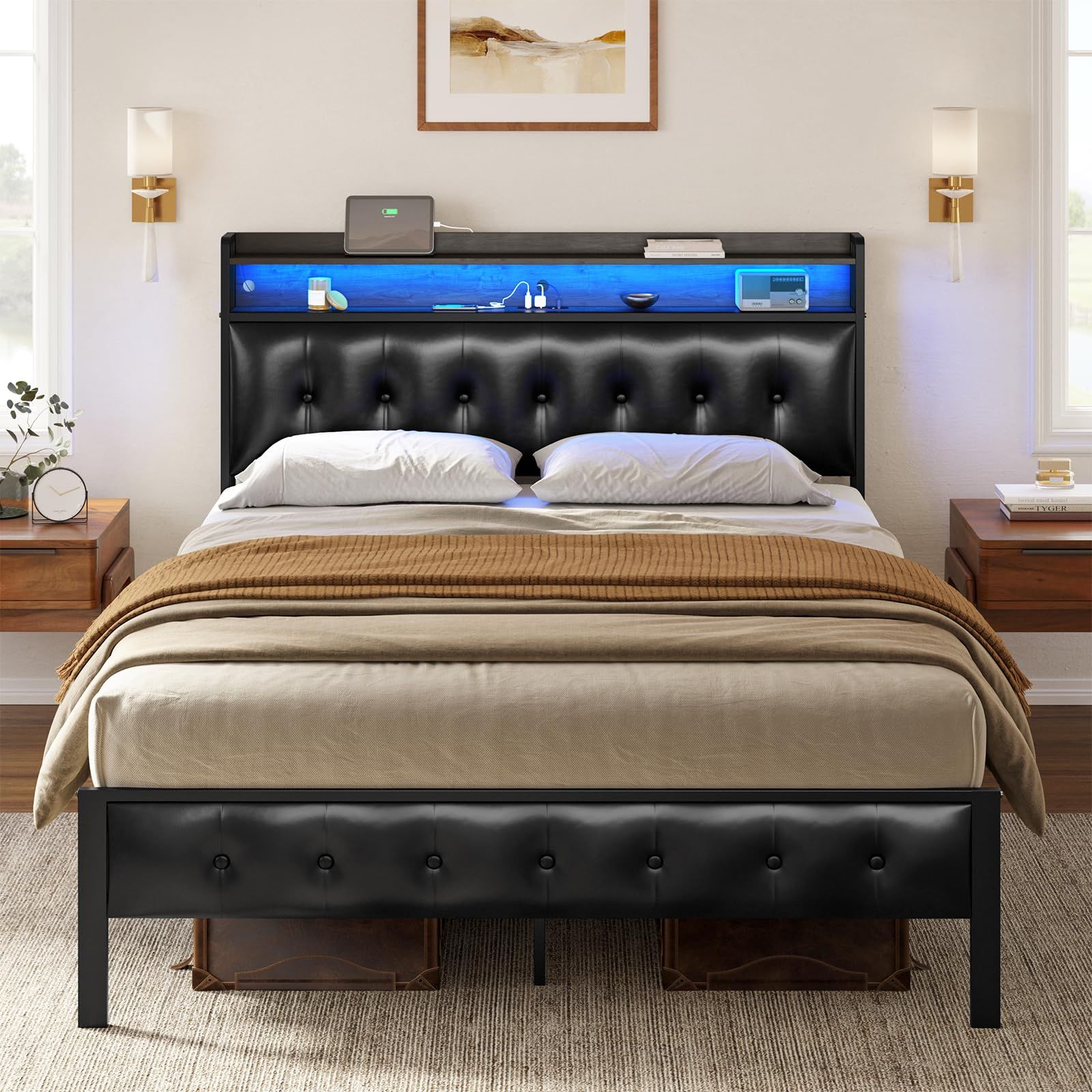 HAUSOURCE HB042 Upholstered Bed Frame with LED Headboard-Black