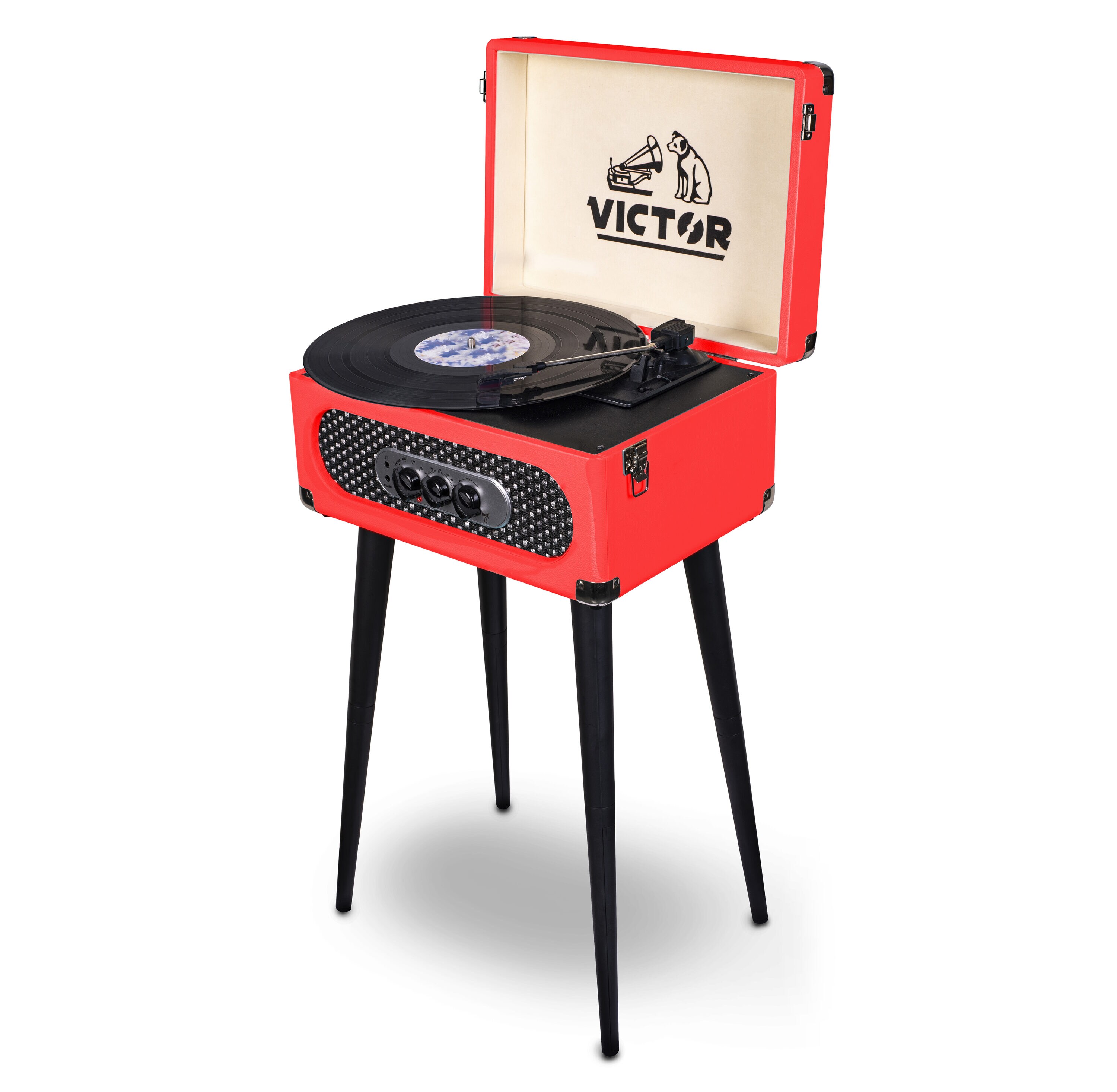 Red Bluetooth 3-Speed Turntable with Built-In Speakers and USB Connectivity | - Victor VWRP-3200-RD