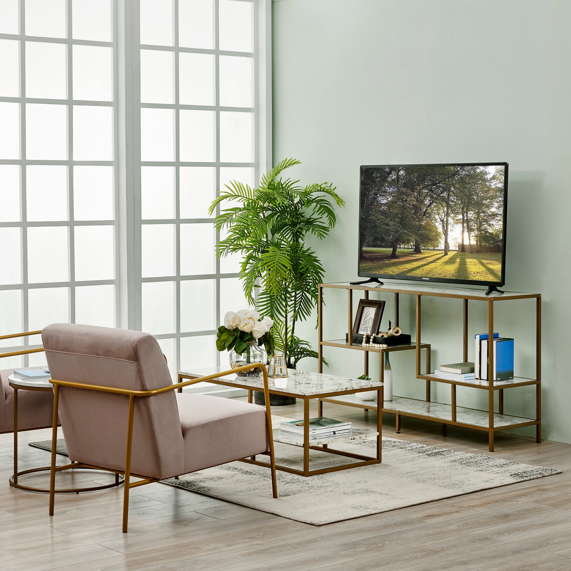 Elegant Marmo 54" Faux Marble Top TV Stand with Brass Finish