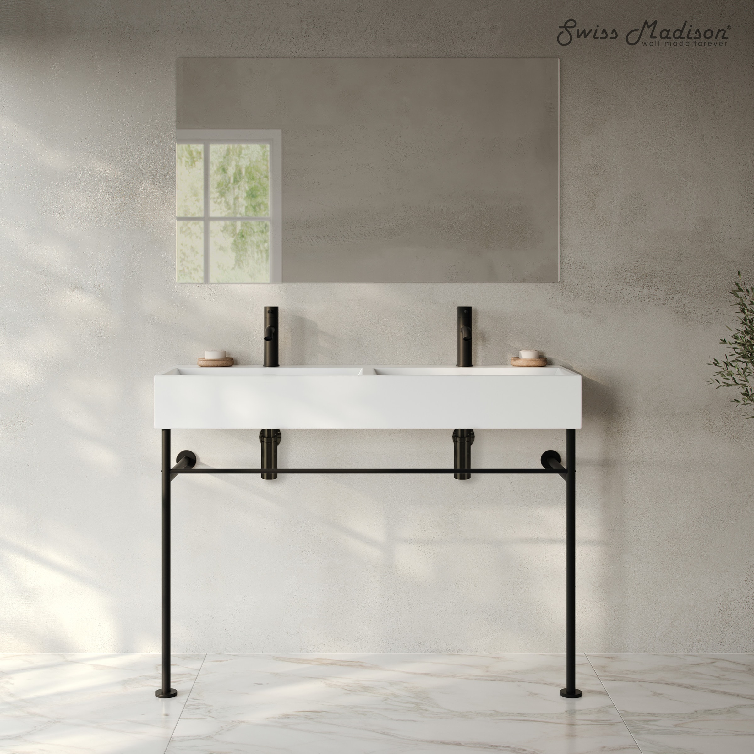 Swiss Madison SM-25-CSREI01MB-D Reims Ceramic 48-in Wall-mount Modern Matte Black Console Sink with Base