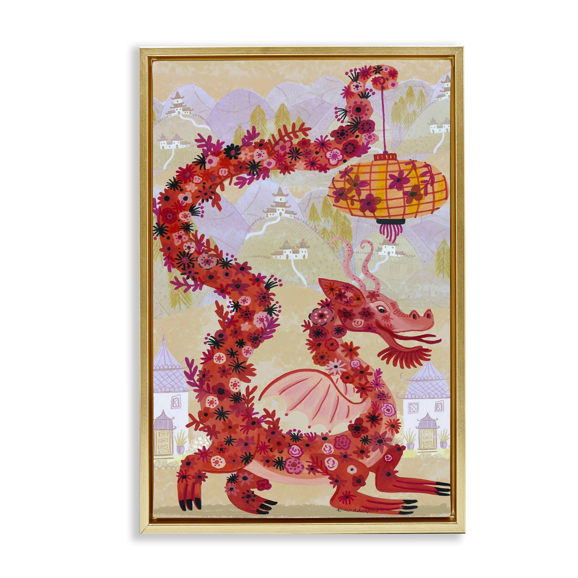 Stupell Industries BS-606-FFG-20X30 Dragon and Lantern Mythology Gold Framed Floater Canvas Wall Art By Kay Widdowson 21 x 31