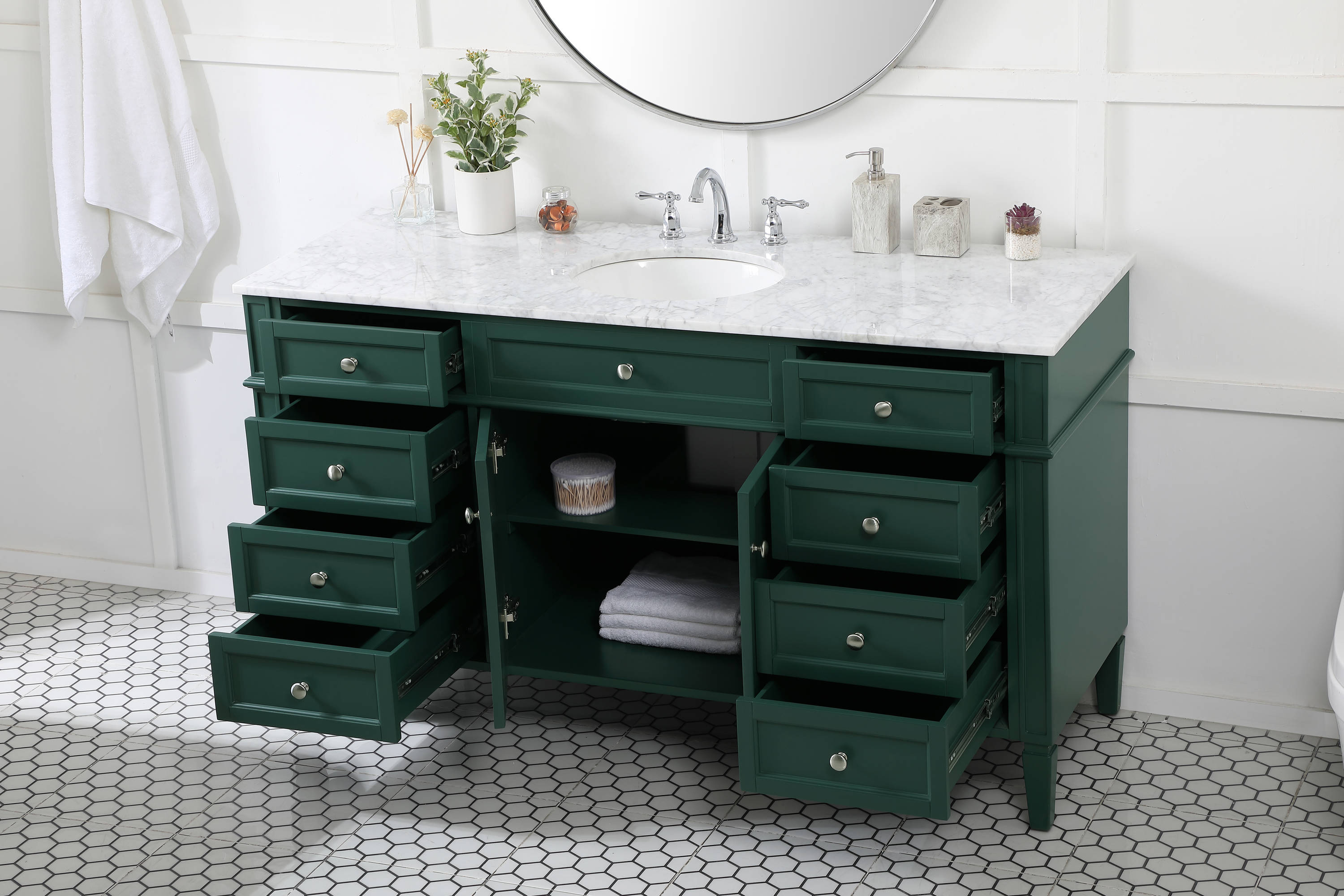 Green Solid Wood and Marble Single Bathroom Vanity