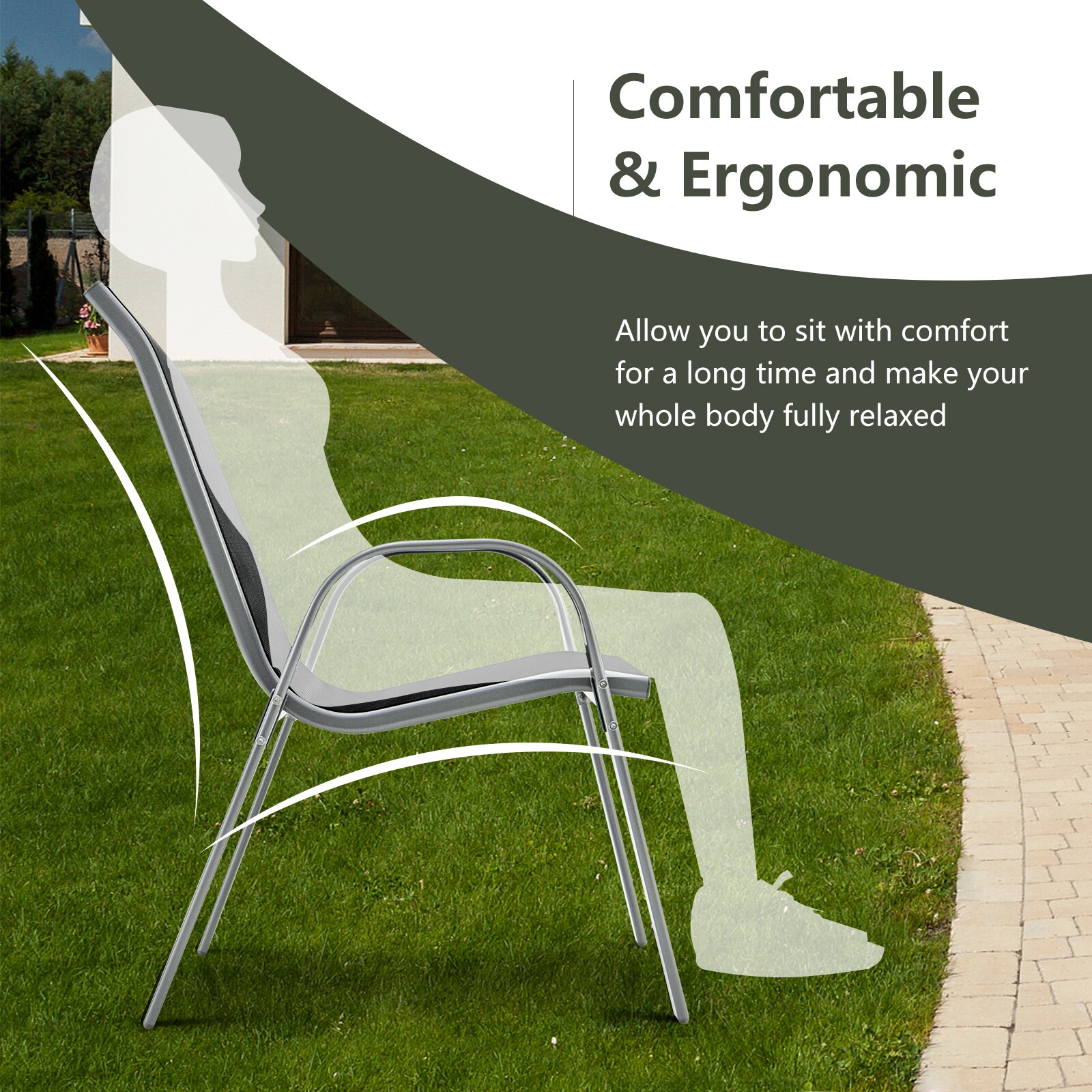 Black Stackable Outdoor Dining Chairs with Armrests, Set of 4