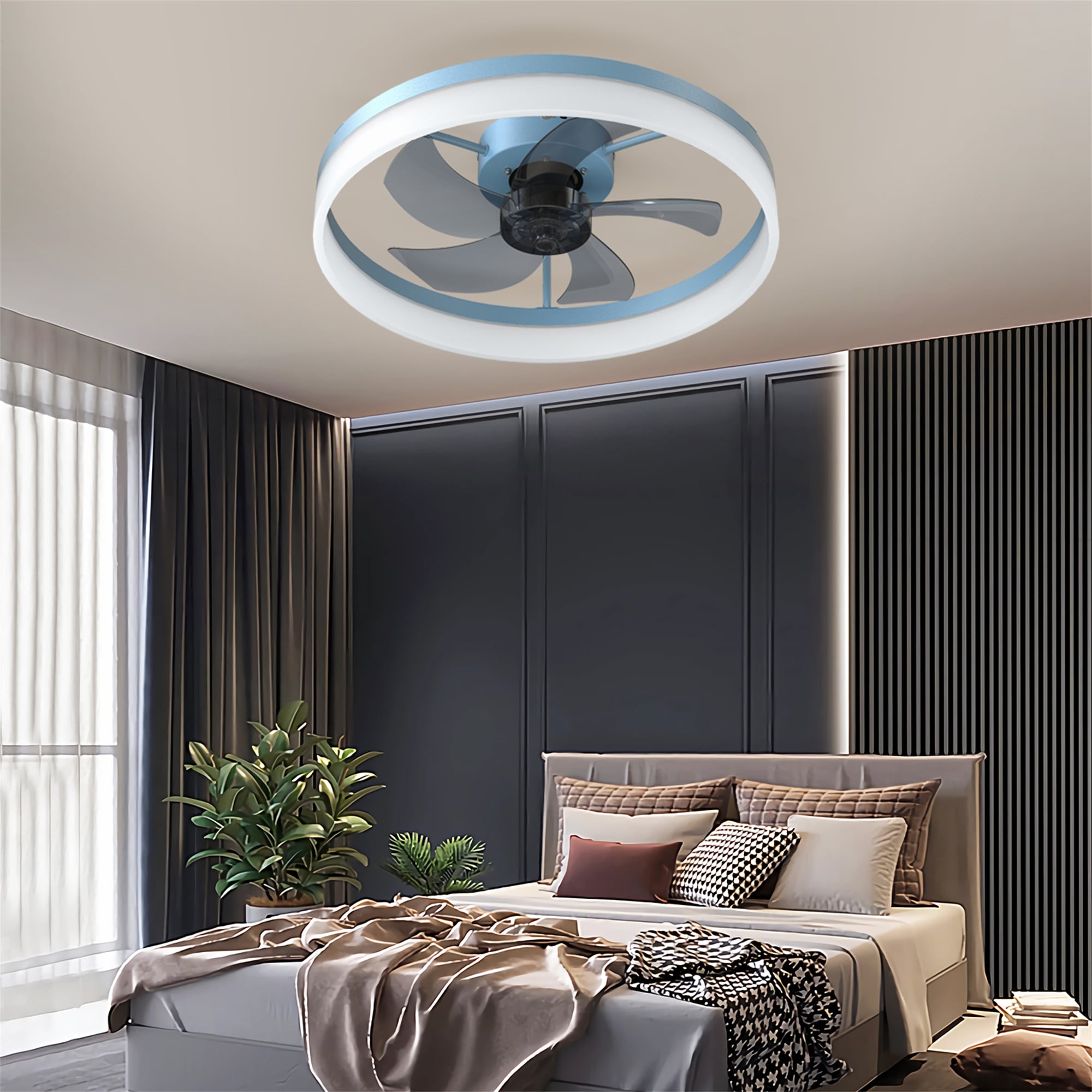 BABOOM BOM-0120483-OR 19.7-in Integrated LED Flush Mount Blue with ABS Blades Fandelier Ceiling Fan With Light - Remote Included ( 5 -Blade )