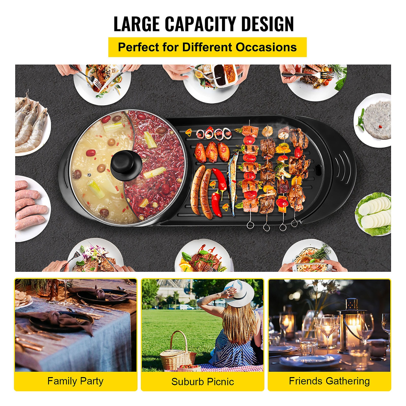 VEVORbrand 2 in 1 Electric Hot Pot and Grill, 2200W BBQ Pan Grill and Hot  Pot, Multifunctional Teppanyaki Grill Pot with Dual Temp Control, Smokeless