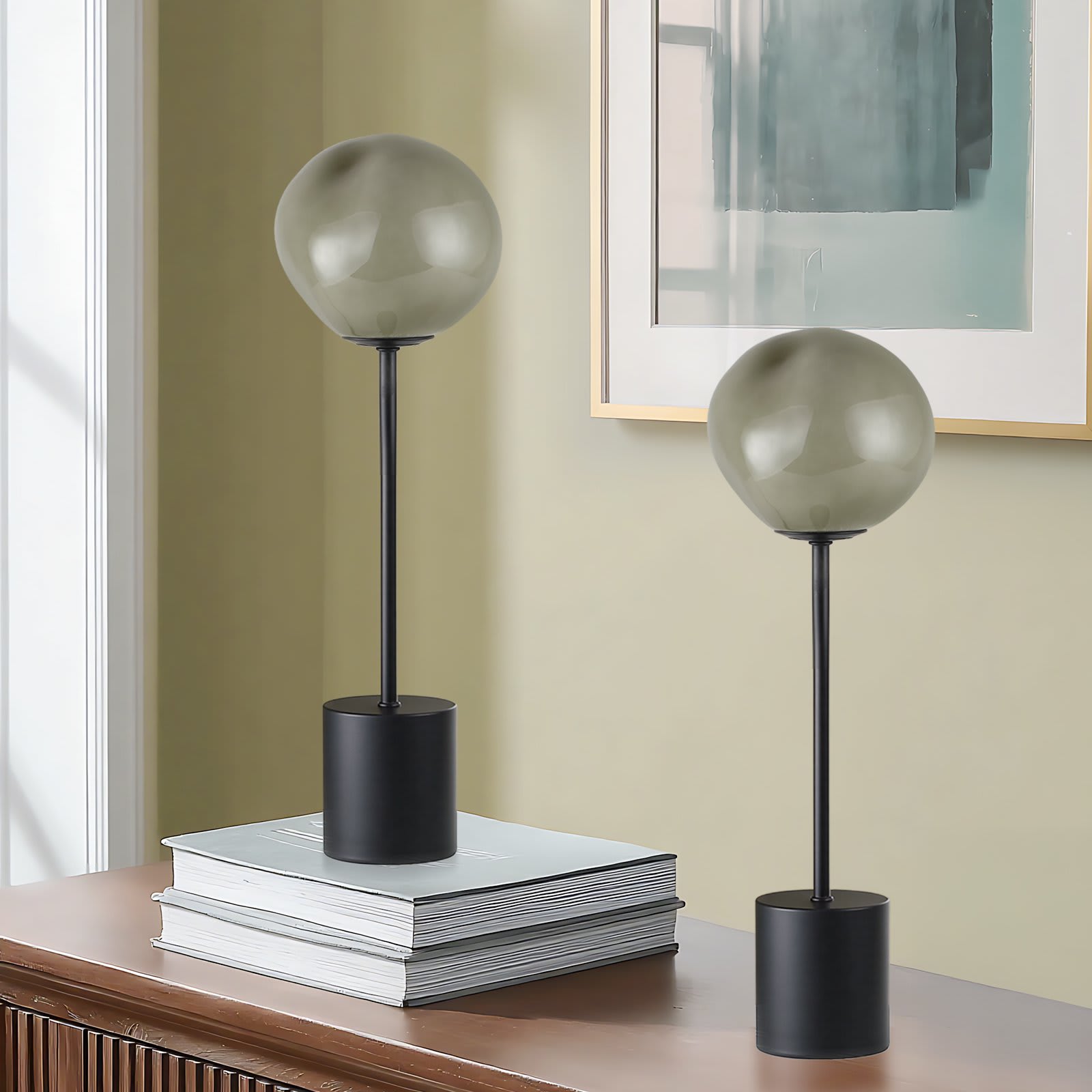 BIGHOUSE 18'' Hand-Blown Globe Glass Table Lamp Set with Unique Teal Shade