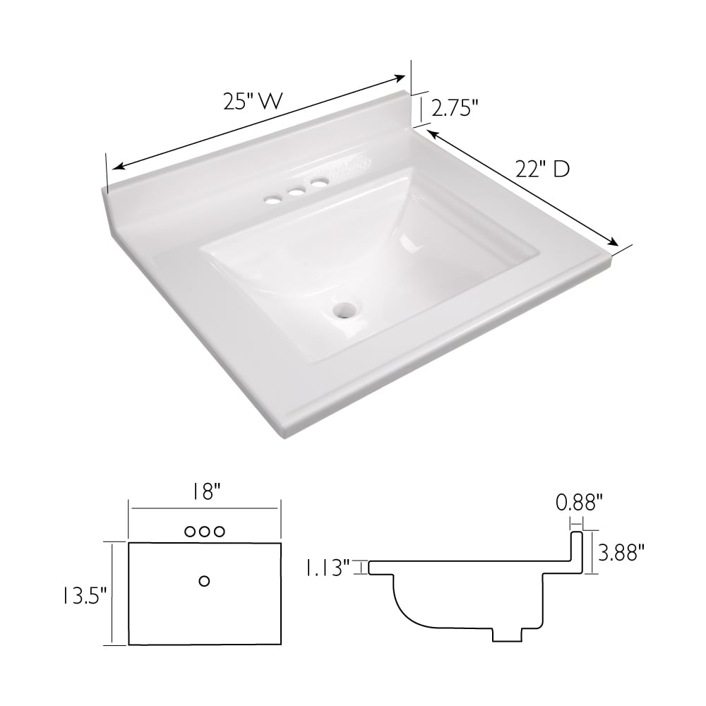 Camilla 25-Inch White Cultured Marble Vanity Top with Backsplash