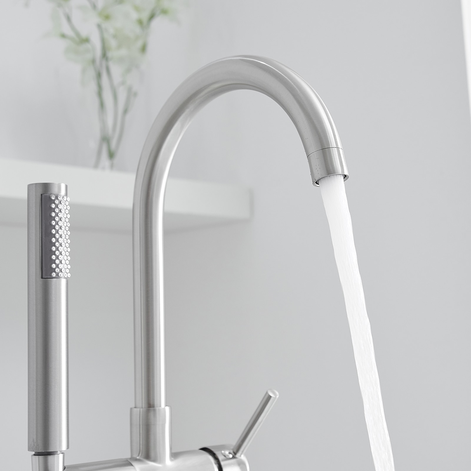 Brushed Nickel Freestanding Tub Filler with Hand Shower