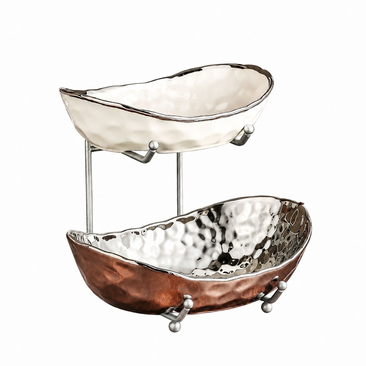 Aoibox  2 Piece Ceramic Fruit Bowl Set with Silver Metal Stand 2 Tier Space Saving Kitchen Counter Storage