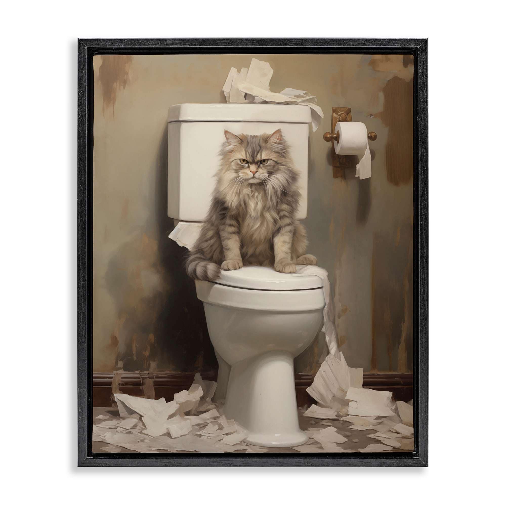 Stupell Industries BT-840-FFB-16X20 Cat and Torn Toilet Paper Black Framed Floater Canvas Wall Art By Arlington Prints 17 x 21