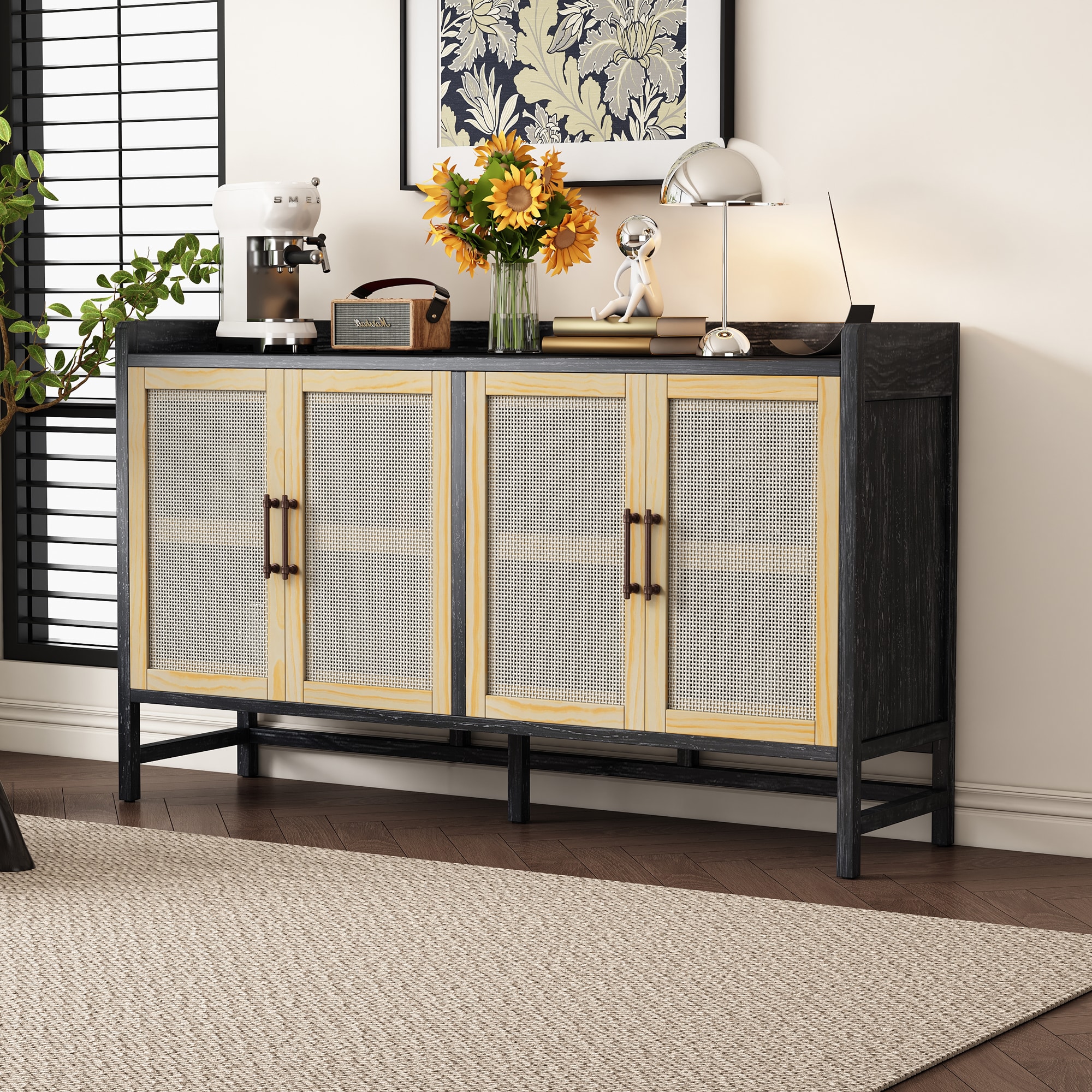 ModernLuxe N715P203848B Sideboard Rustic Buffet Cabinet sideboard cabinet with Decorative Rattan Doors Buffet Cabinet with Storage for Entryway Dining Room Kitchen Living Room BlackNatural