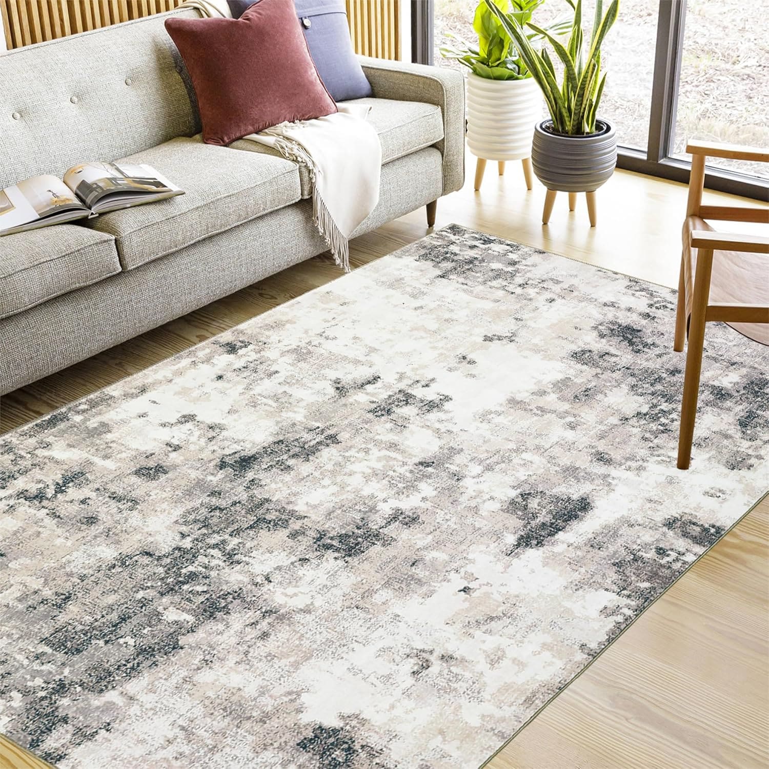 Qeetex NL-PHO-16ALD5JB 100 Polyester Pearl Fleece Cotton TPR Washable Foldable Base Rug Abstract Mist Rising Clouds Grey Camel 9 by 12 Feet