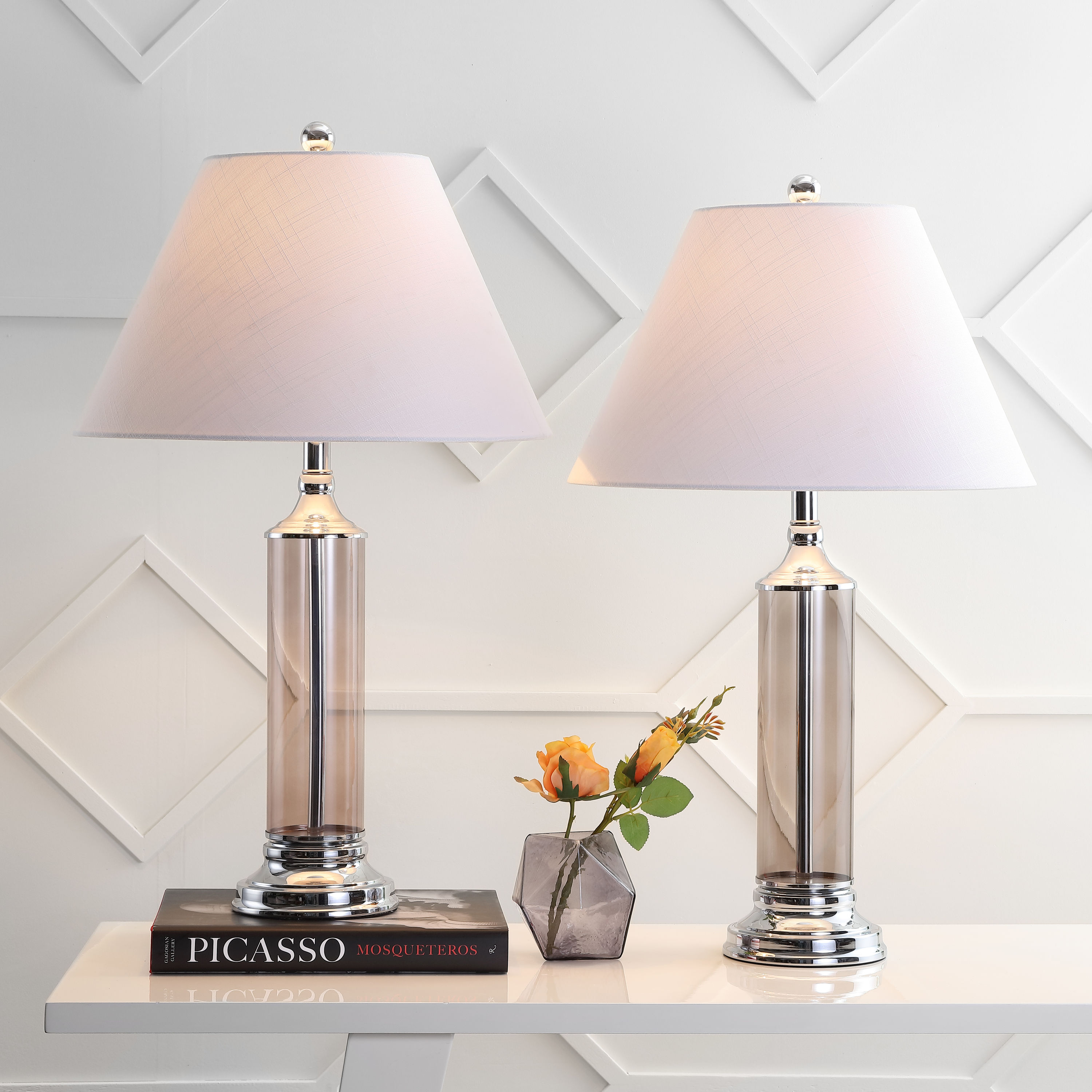 JONATHAN  Y JYL4014B-SET2 Astor Glass Transitional 29-in Smoked Gray LED Incandescent Rotary socket Table Lamp with Linen Shade 2 -Set