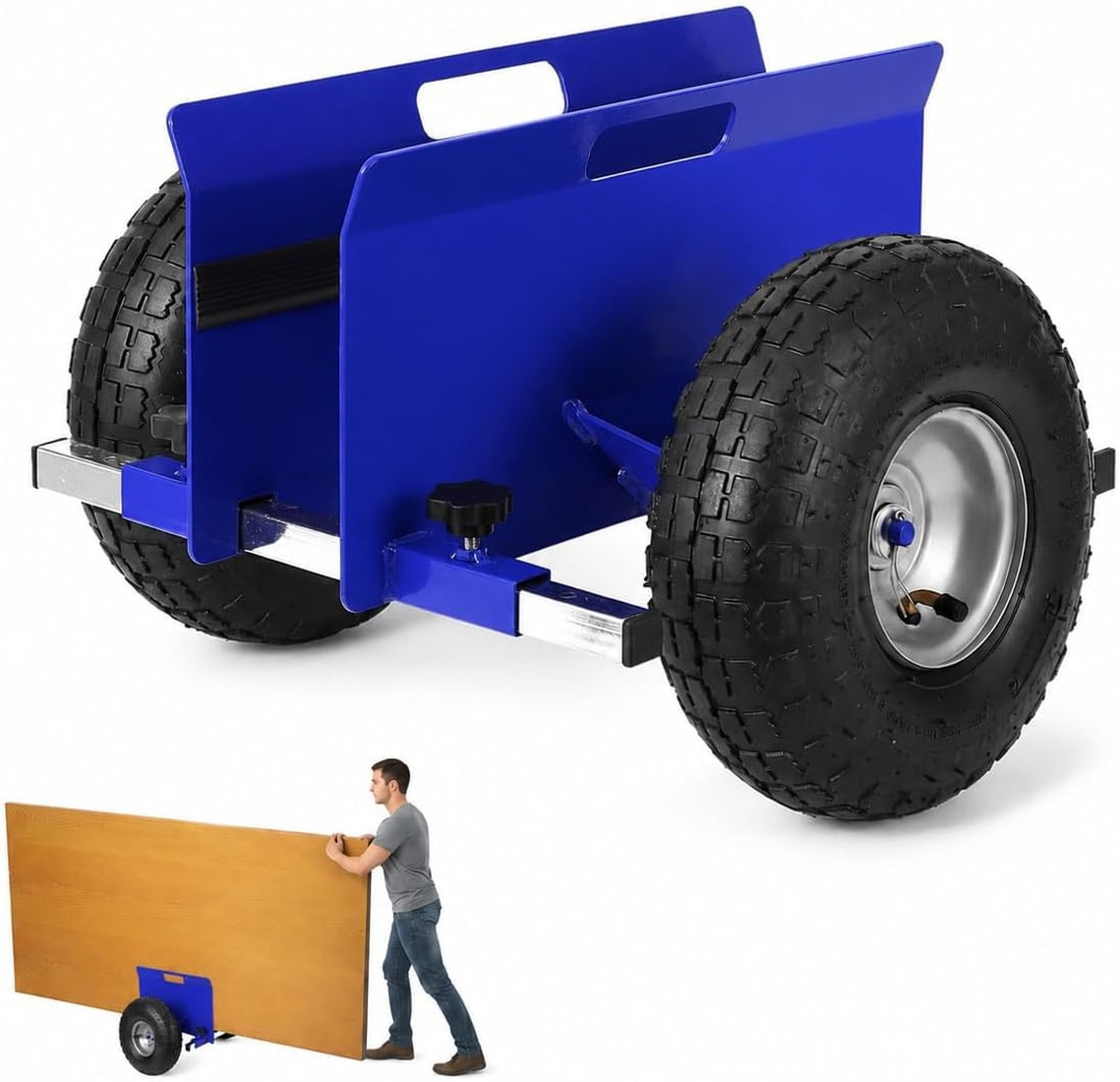 GAOMON 700-lb Panel Dolly with 10-in Pneumatic Wheels Adjustable Clamp Steel Drywall Mover Cart for Doors and Plywood Blue
