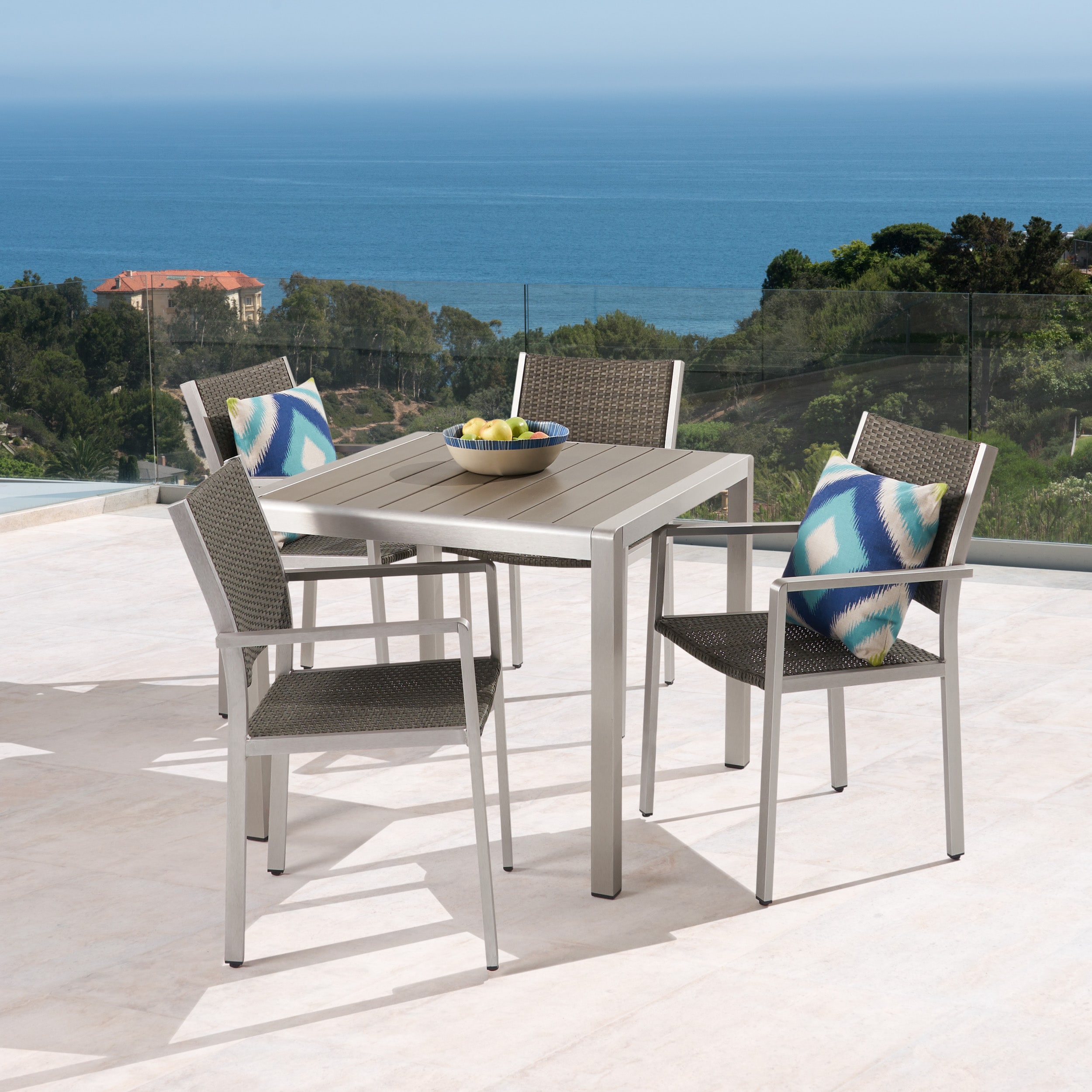 Christopher Knight Home 307022 Cape Coral Patio Dining Set - 4-Seater - Anodized Aluminum - Wicker Seats - Faux Wood Table Top - Silver and Gray