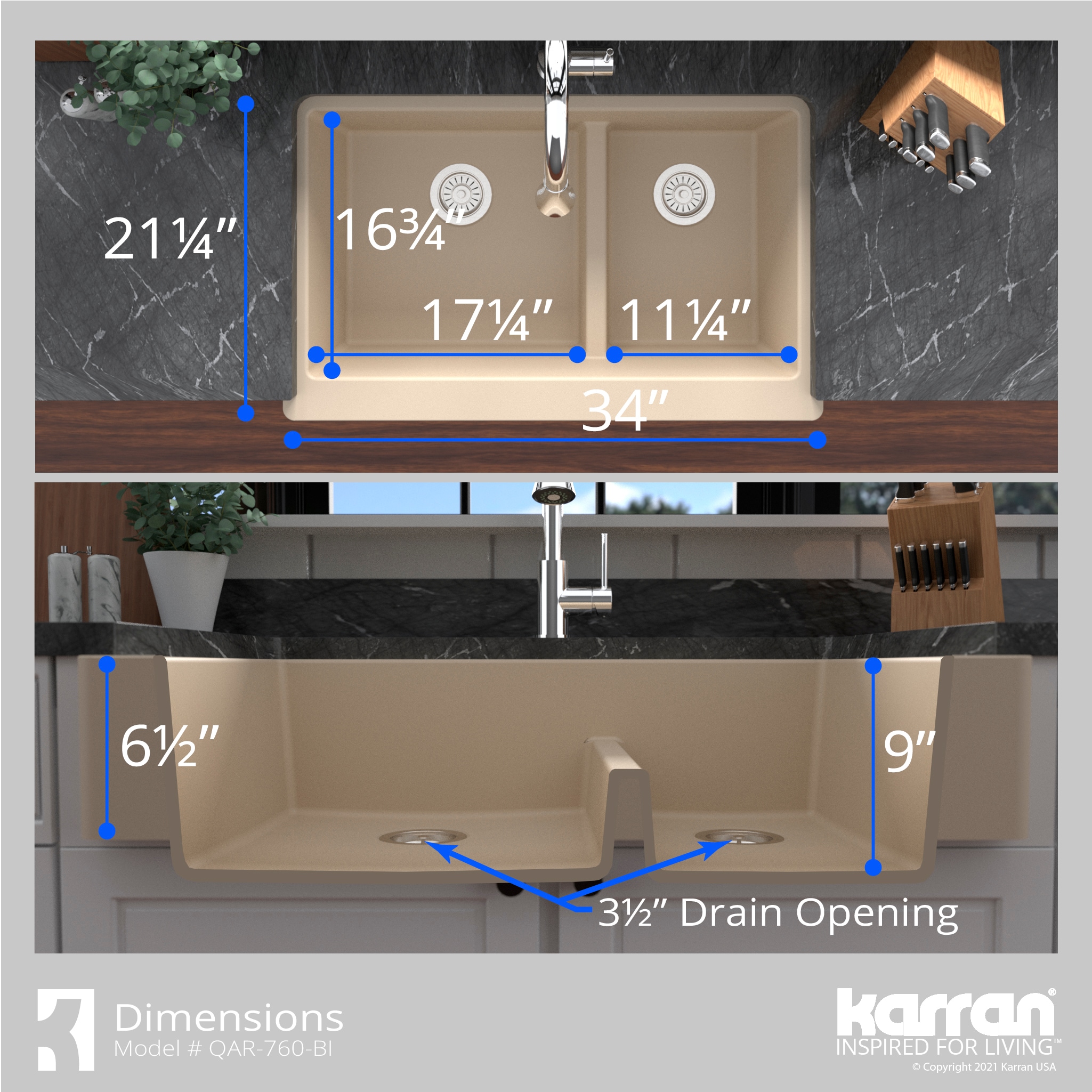 Karran Farmhouse Apron Front 34 In X 2125 In Bisque Quartz Double Offset Bowl Retrofit Kitchen 0165