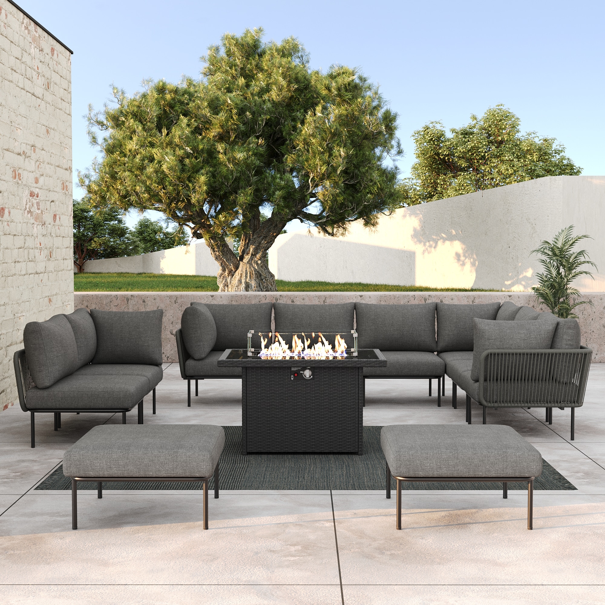 LayinSun SZ7001-FP11P2-02 11 -Piece Outdoor Wicker Rope Modular Sectional Sofa Set with Fire Pit Table