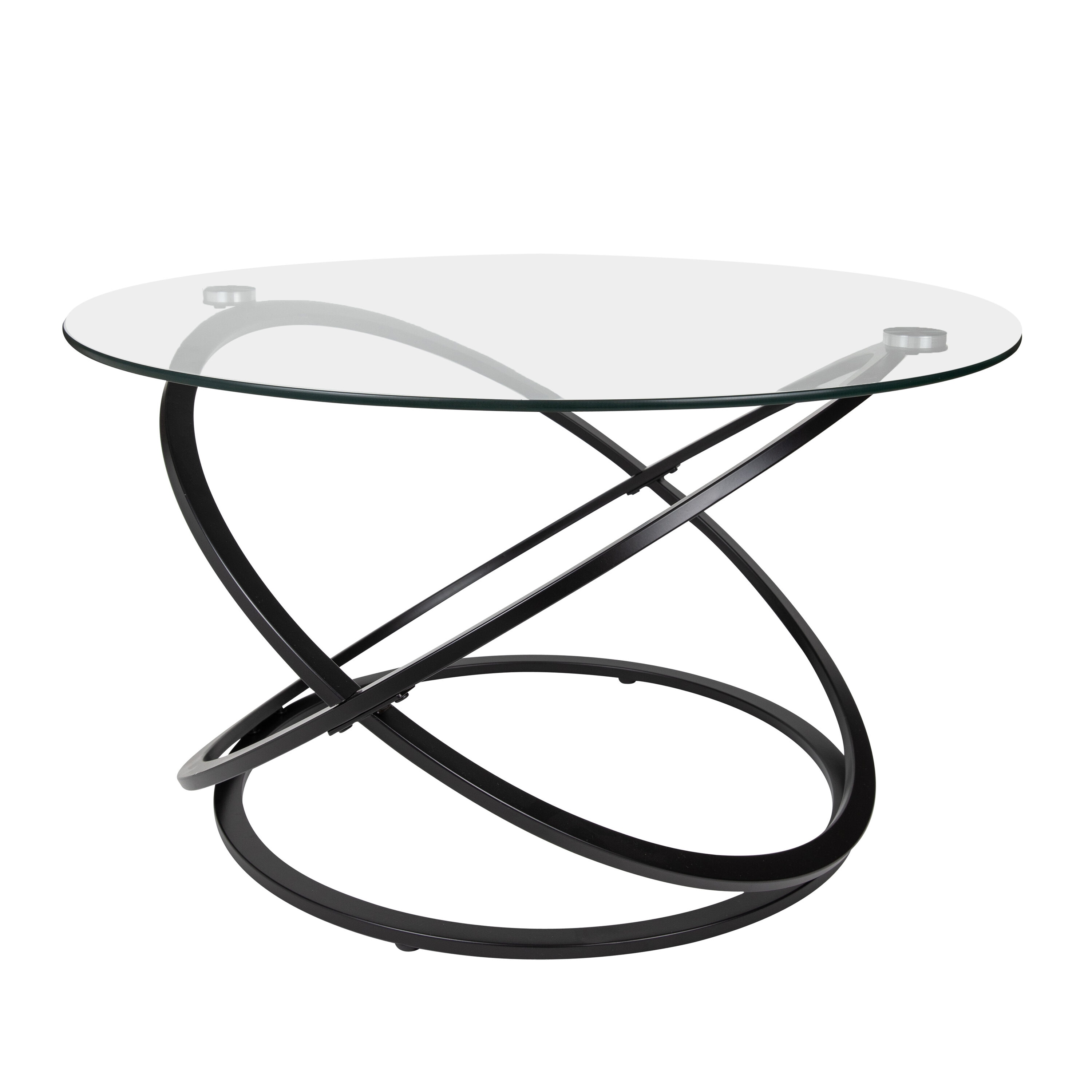 31.5" Round Clear Glass Coffee Table with Black Metal Base