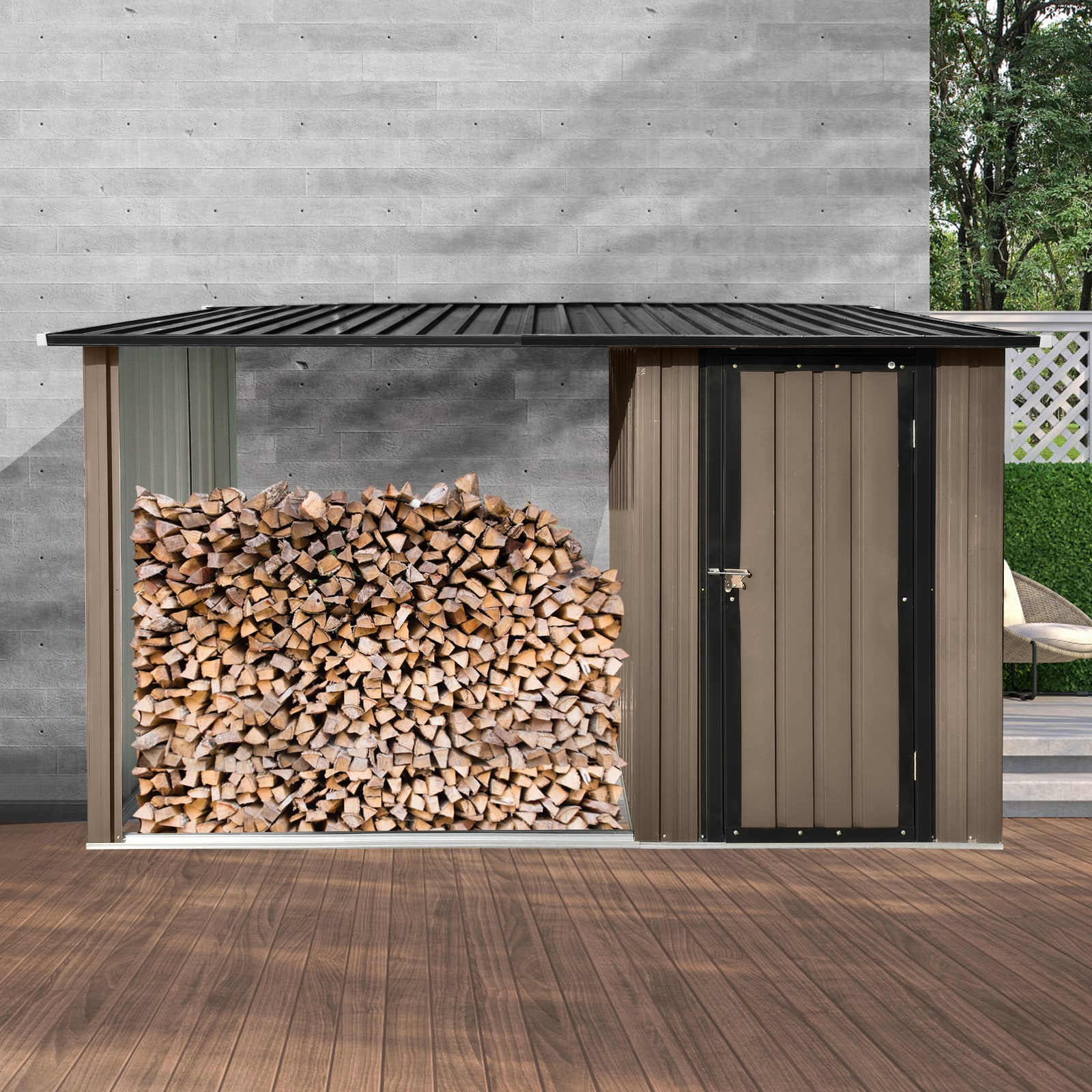 LOVMOR SF-WO-W3375P302296 Outdoor Metal Firewood Rack and Storage Shed Brown and Black Two in one function