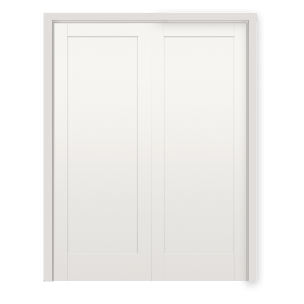 RELIABILT PRO10131056 60-in x 80-in Off-white Hollow core 1-panel Reversible/Universal Smooth Unfinished Molded composite Split Jamb Double Prehung Interior Door 453 Casing