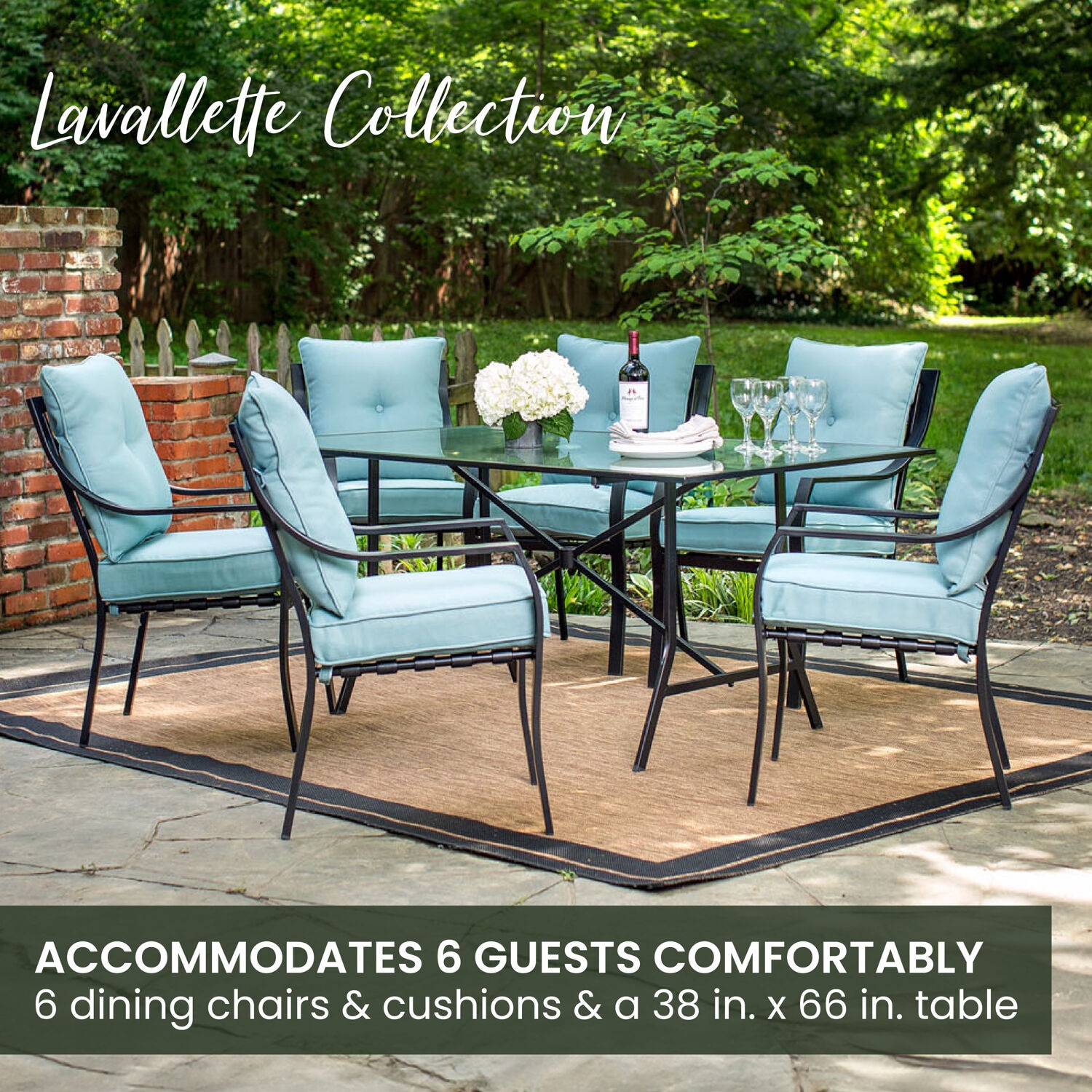 Lavallette 7-Piece Black Steel Outdoor Dining Set with Blue Cushions