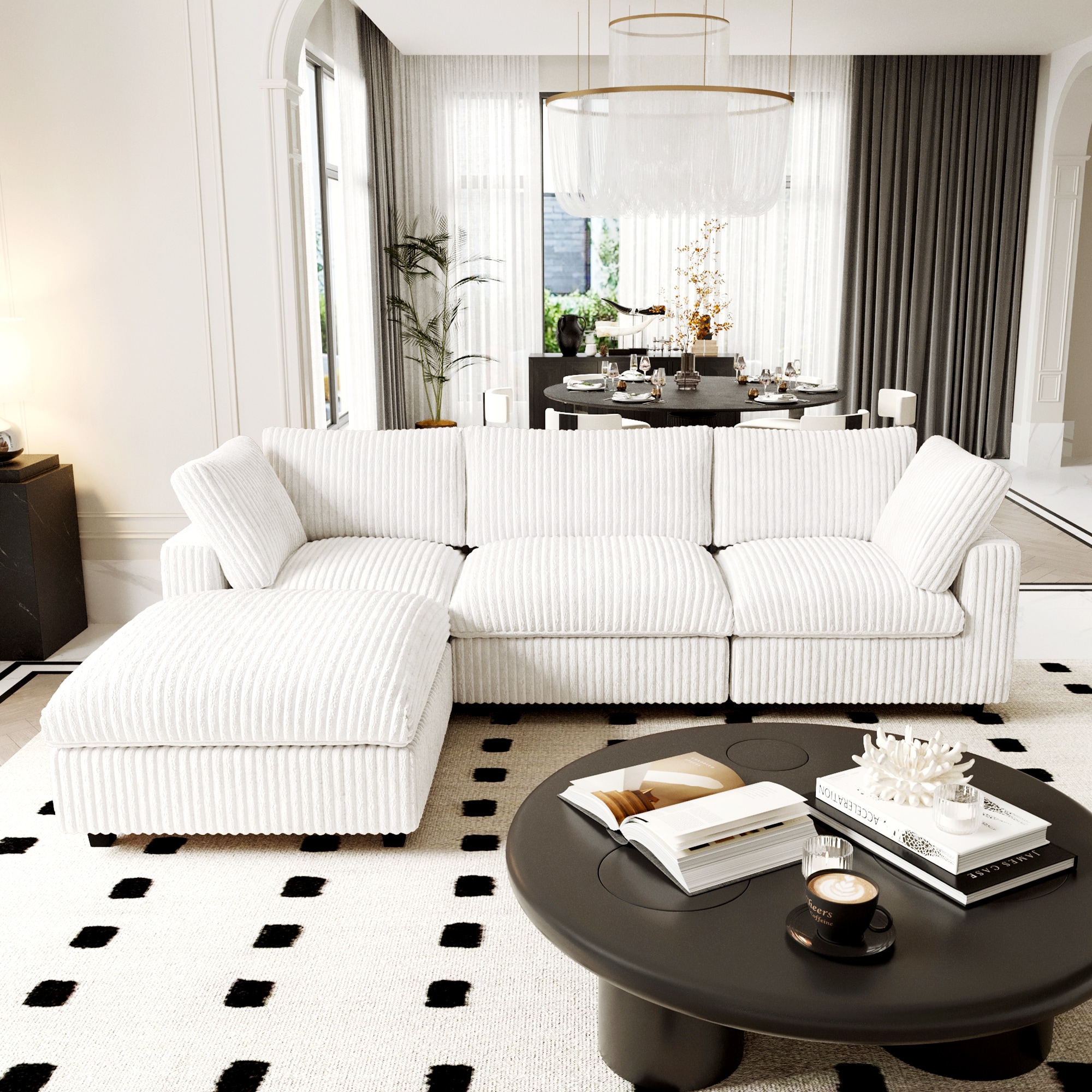 BuotiqHom DH-SF3+1-141BE 118-in Modern Beige (3 Seats+1 Ottoman) Velvet 3 -seater Sectional