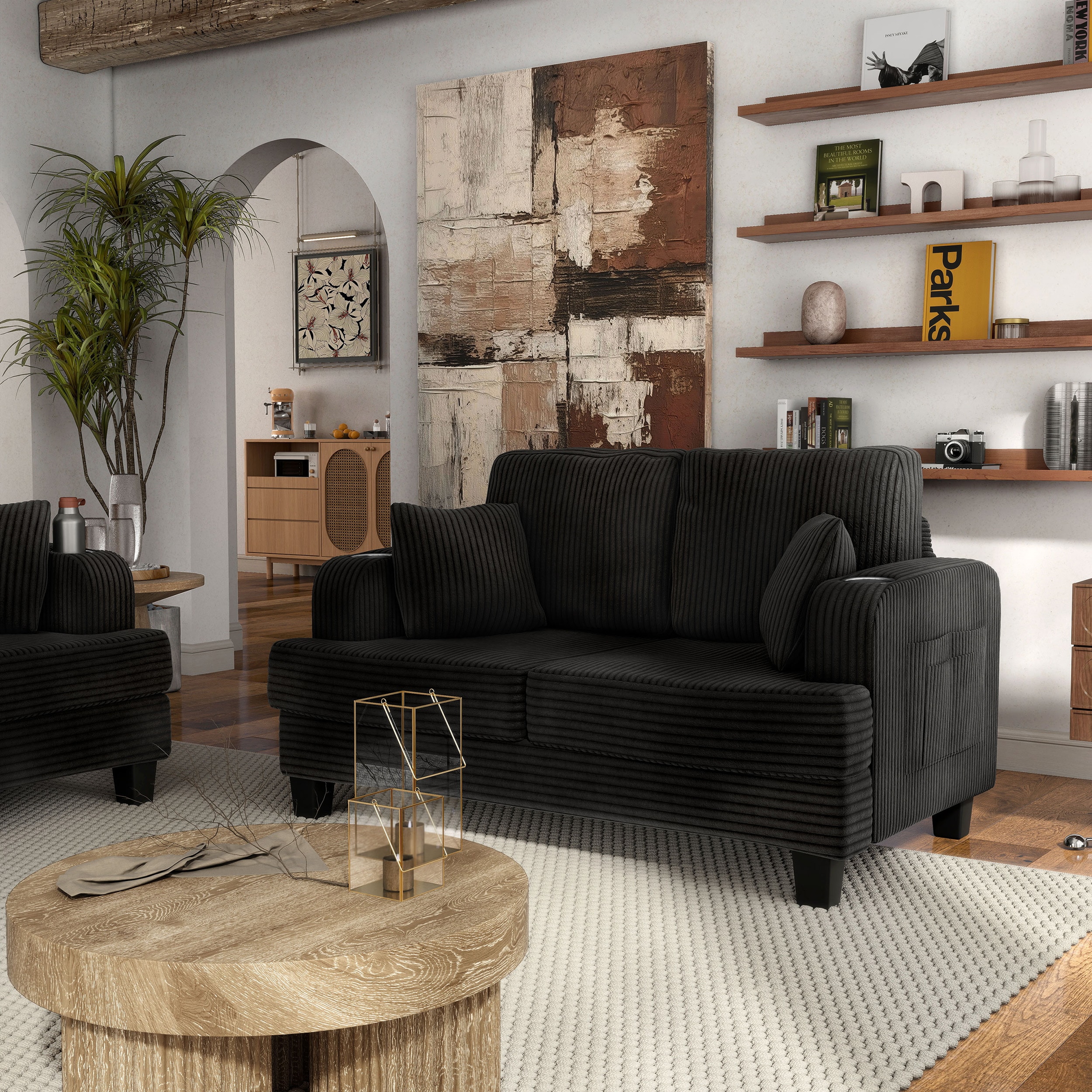 Furniture of America IDF-SL6932BK-LV Kasin 61-in Modern Black Chenille 2 -seater Loveseat