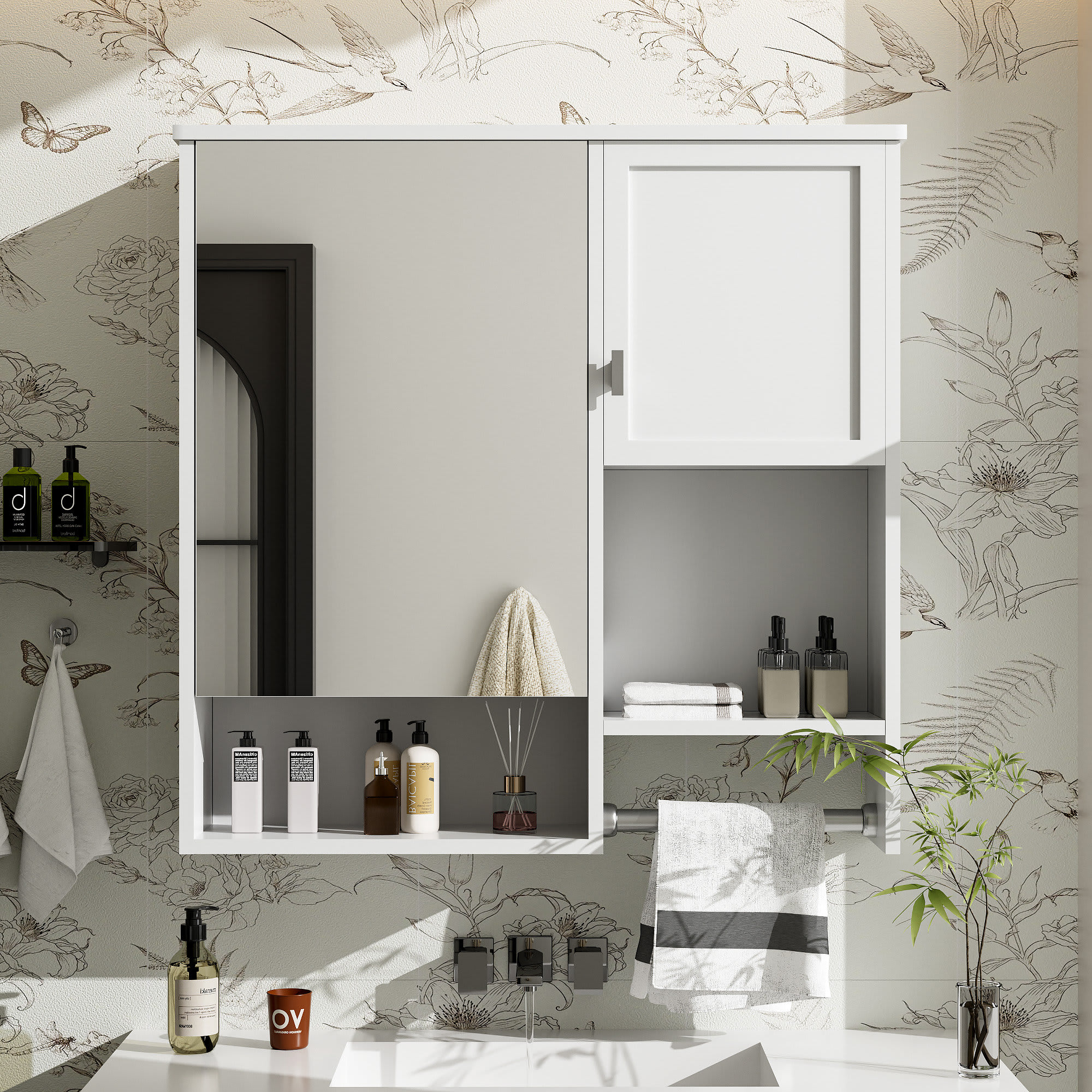 Etokfoks  29 x 28 Modern Wall Mounted Bathroom Medicine Cabinet with Mirror Adjustable Shelves Over Toilet Storage Cabinet with Towel Bar White