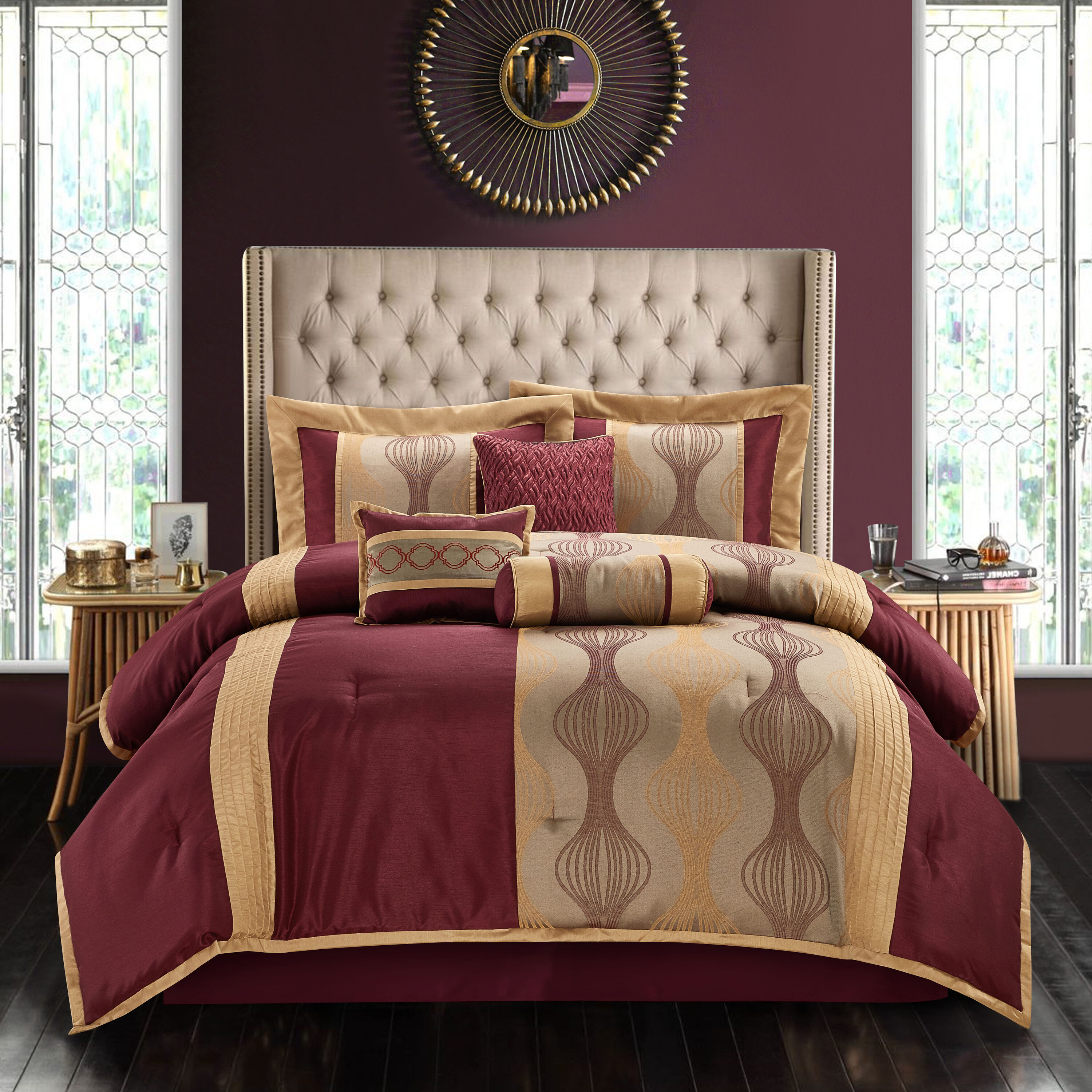 Nanshing KATH-K-WGLD 7 -Piece Wine/Gold King Comforter Set