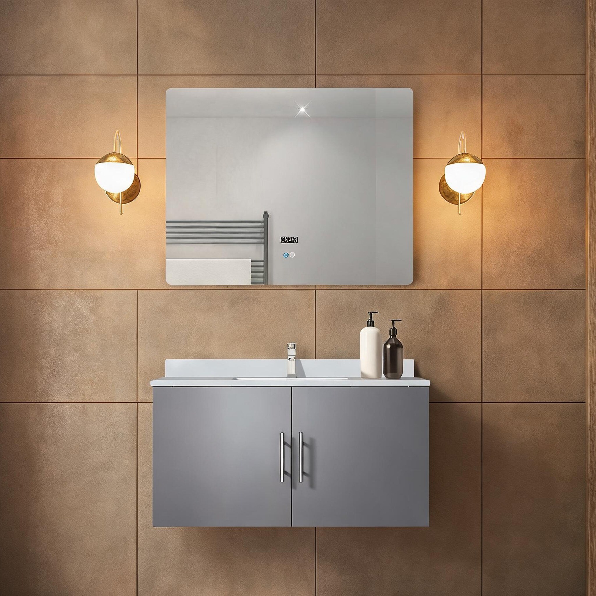 SunJet Cool Gray Wood Bathroom Vanity Set with Quartz Top Faucet and LED Mirror 36-Inch Single-Hole