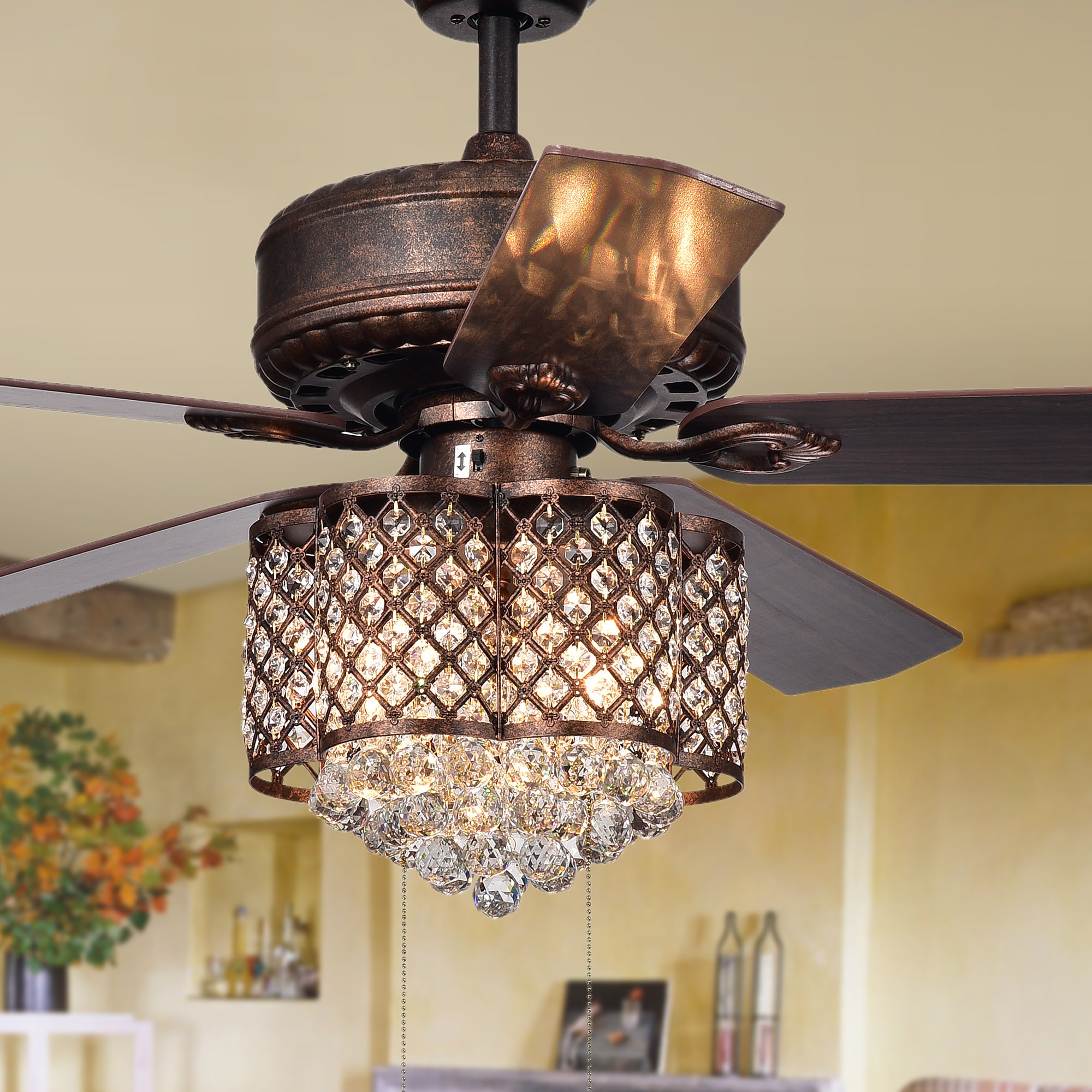 Rustic Bronze 52" Ceiling Fan with Crystal Lighting and Reversible Blades