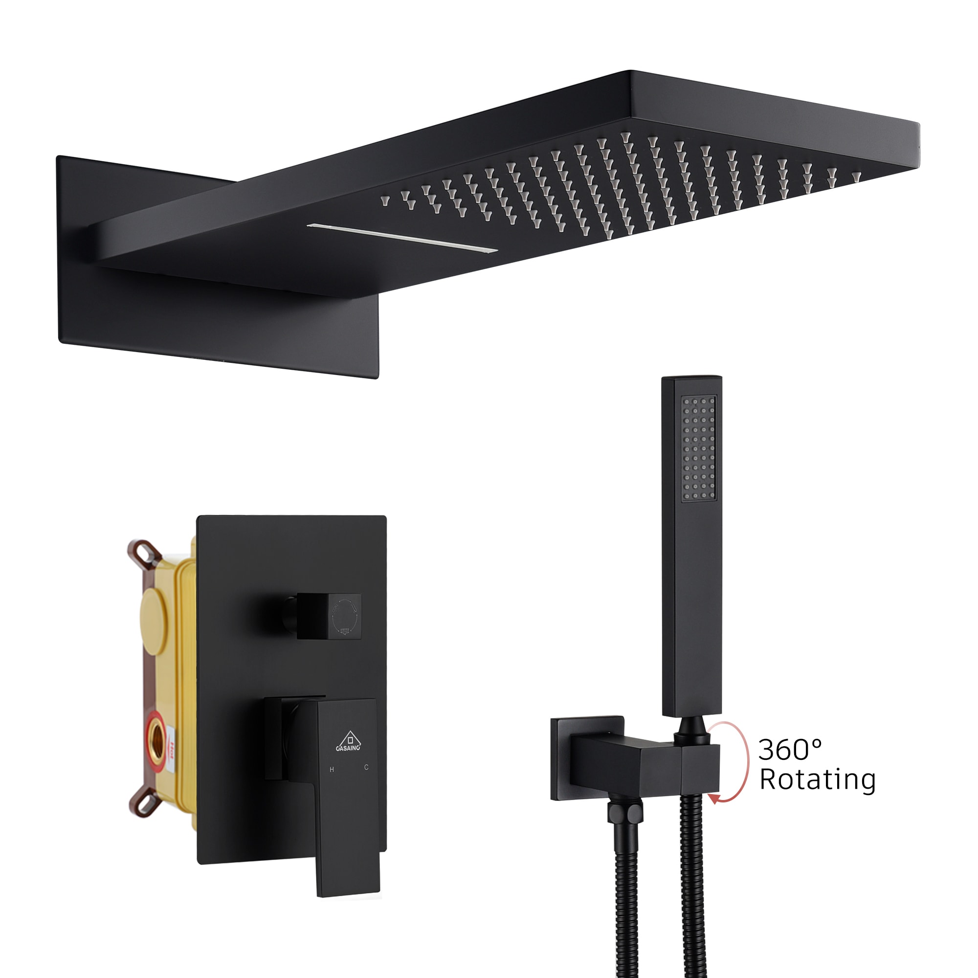 CASAINC M6630-A-22-MB Black Dual Head Waterfall Built-In Shower Faucet System with 2-way Diverter Pressure-balanced Valve Included