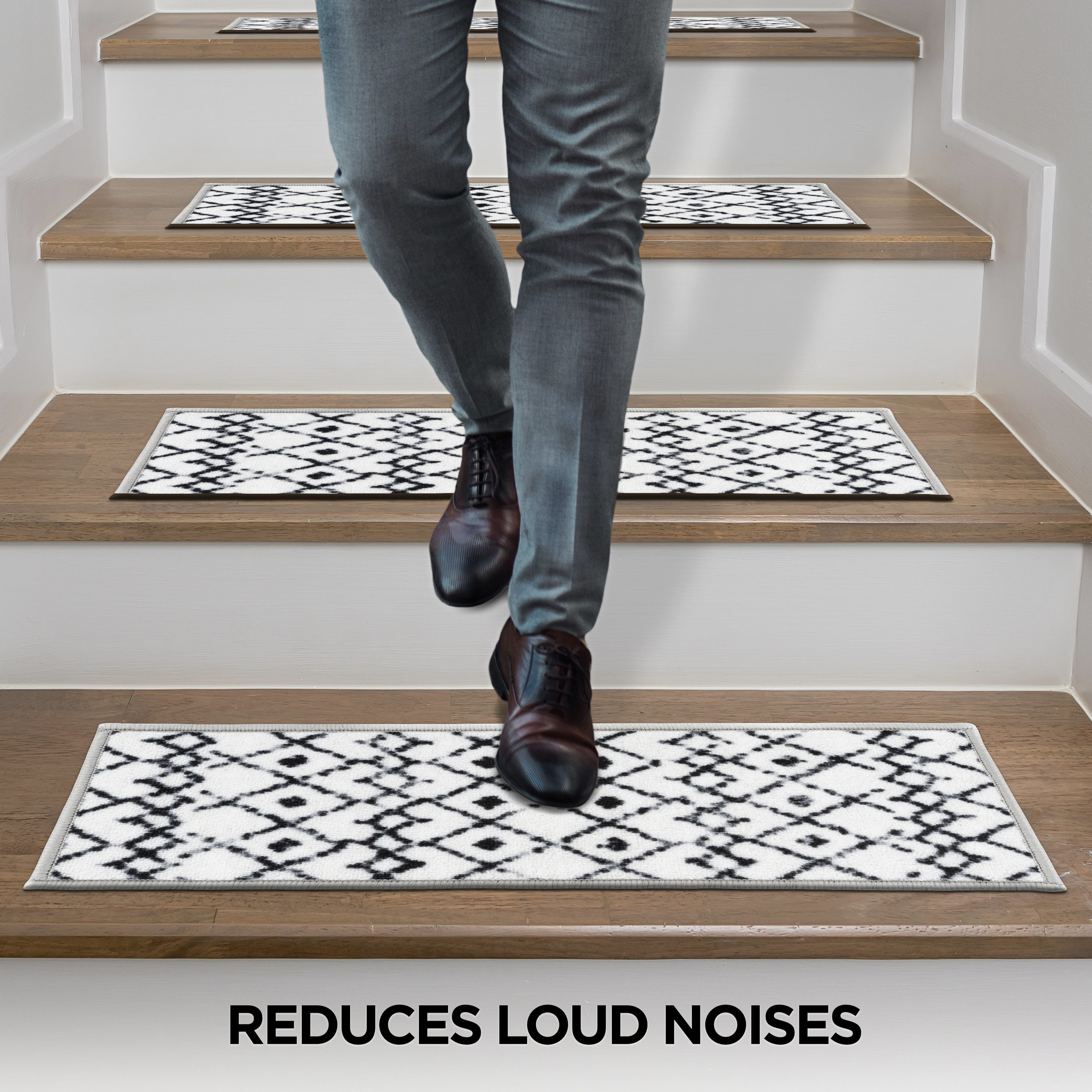 Cream and Black Geometric Nylon Non-Slip Stair Treads Set of 4